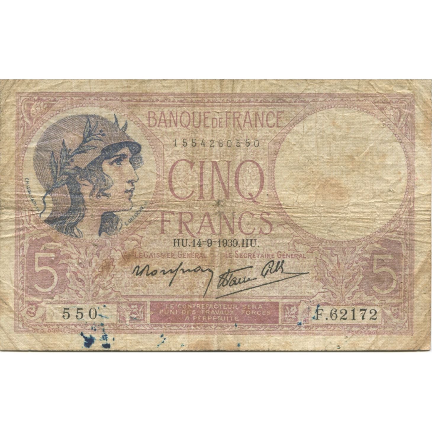 Francia, 5 Francs, Violet, 1939, 1939-09-14, BC, Fayette:04.08, KM:83