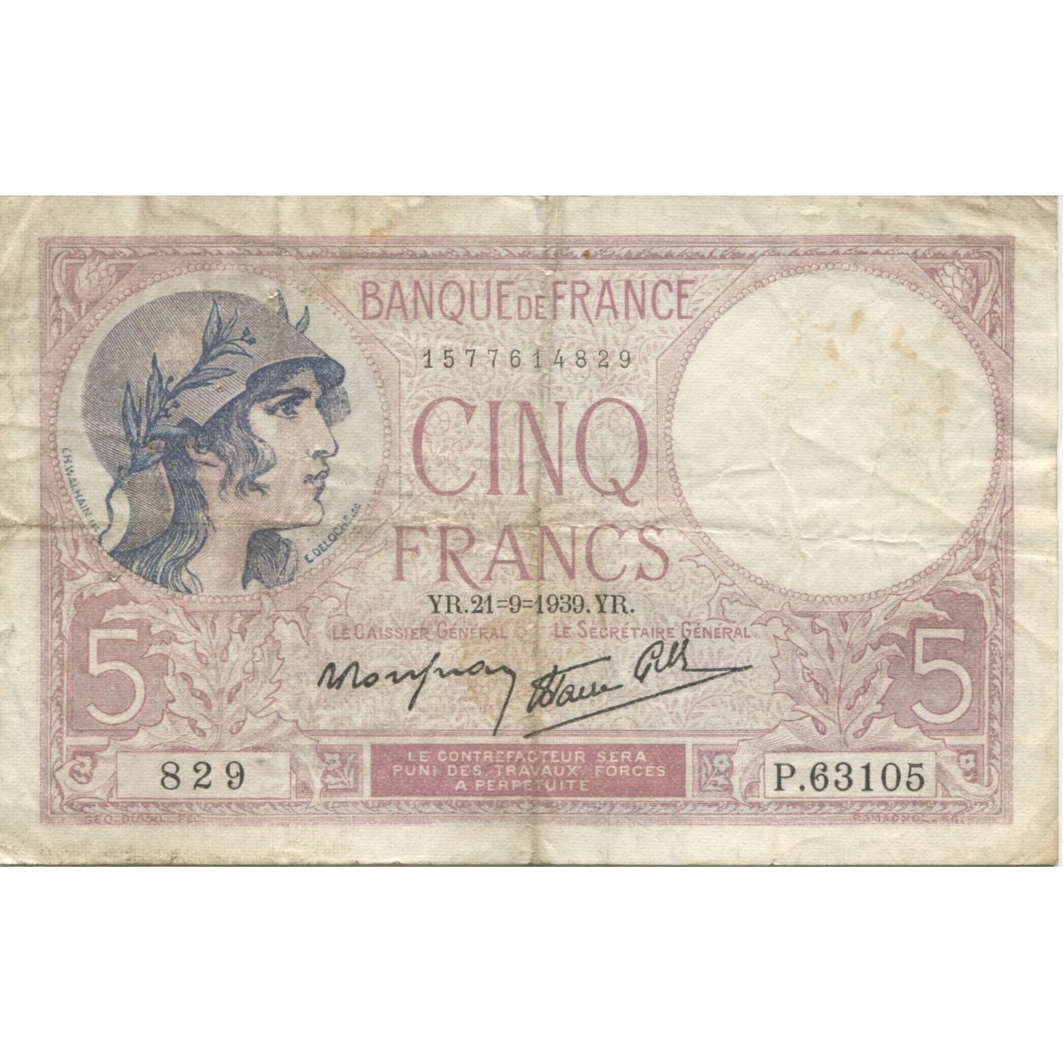 Frankrijk, 5 Francs, Violet, 1939, 1939-09-21, TB, Fayette:04.09, KM:83