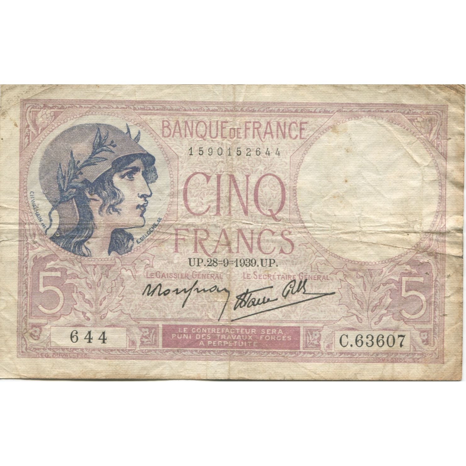 France, 5 Francs, Violet, 1939, 1939-09-28, TB, Fayette:04.10, KM:83
