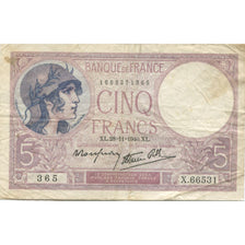 France, 5 Francs, Violet, 1940, 1940-11-28, VF(20-25), Fayette:F.04.15, KM:83