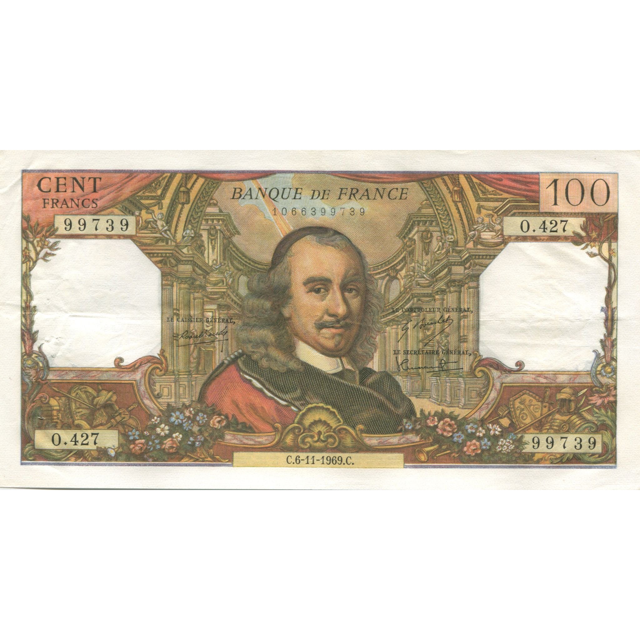 France, 100 Francs, Corneille, 1969, 1969-11-06, UNC(63), Fayette:65.28, KM:149c