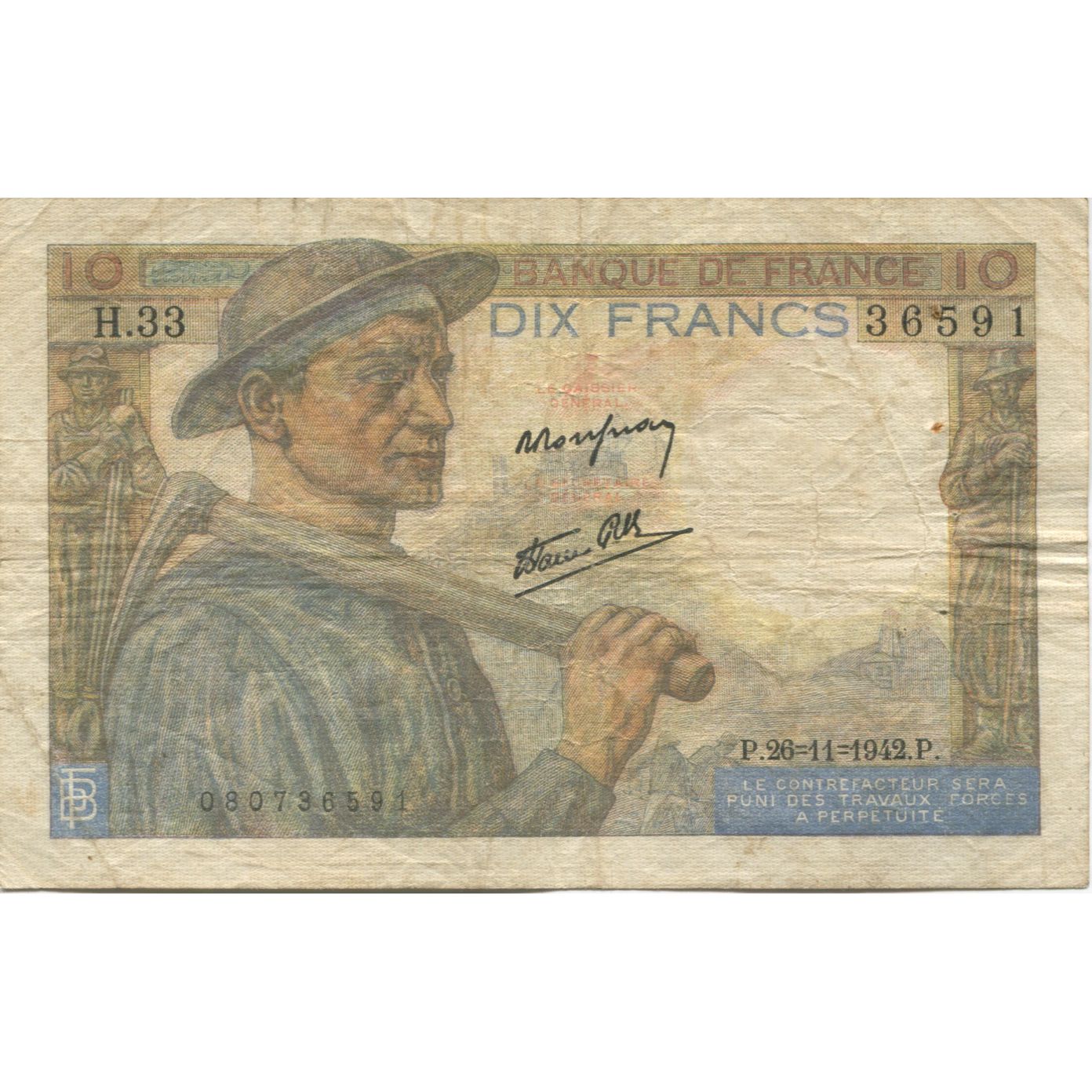 Francja, 10 Francs, Mineur, 1942, 1942-11-26, VF(20-25), Fayette:08.06, KM:99e