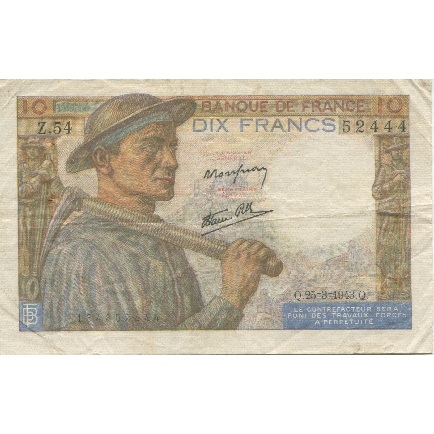 France, 10 Francs, Mineur, 1943, 1943-03-25, EF(40-45), Fayette:08.08, KM:99e