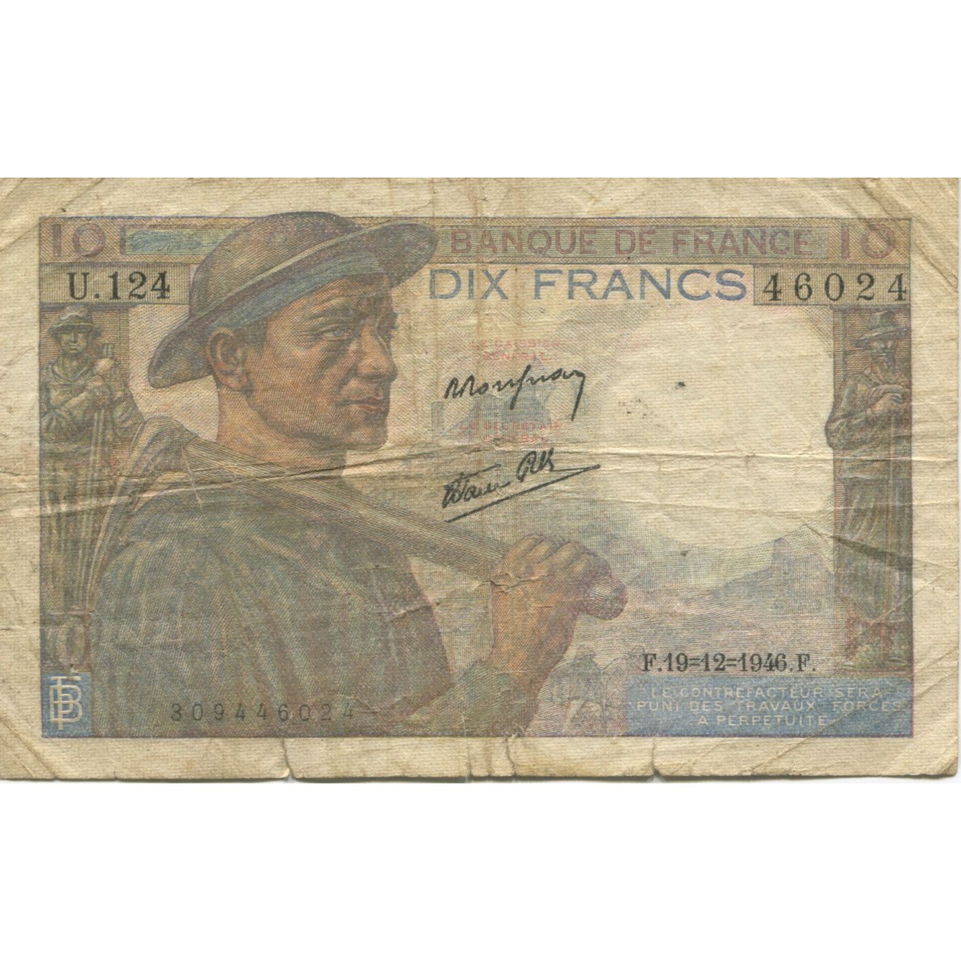Francja, 10 Francs, Mineur, 1946, 1946-12-19, VF(20-25), Fayette:08.16, KM:99e
