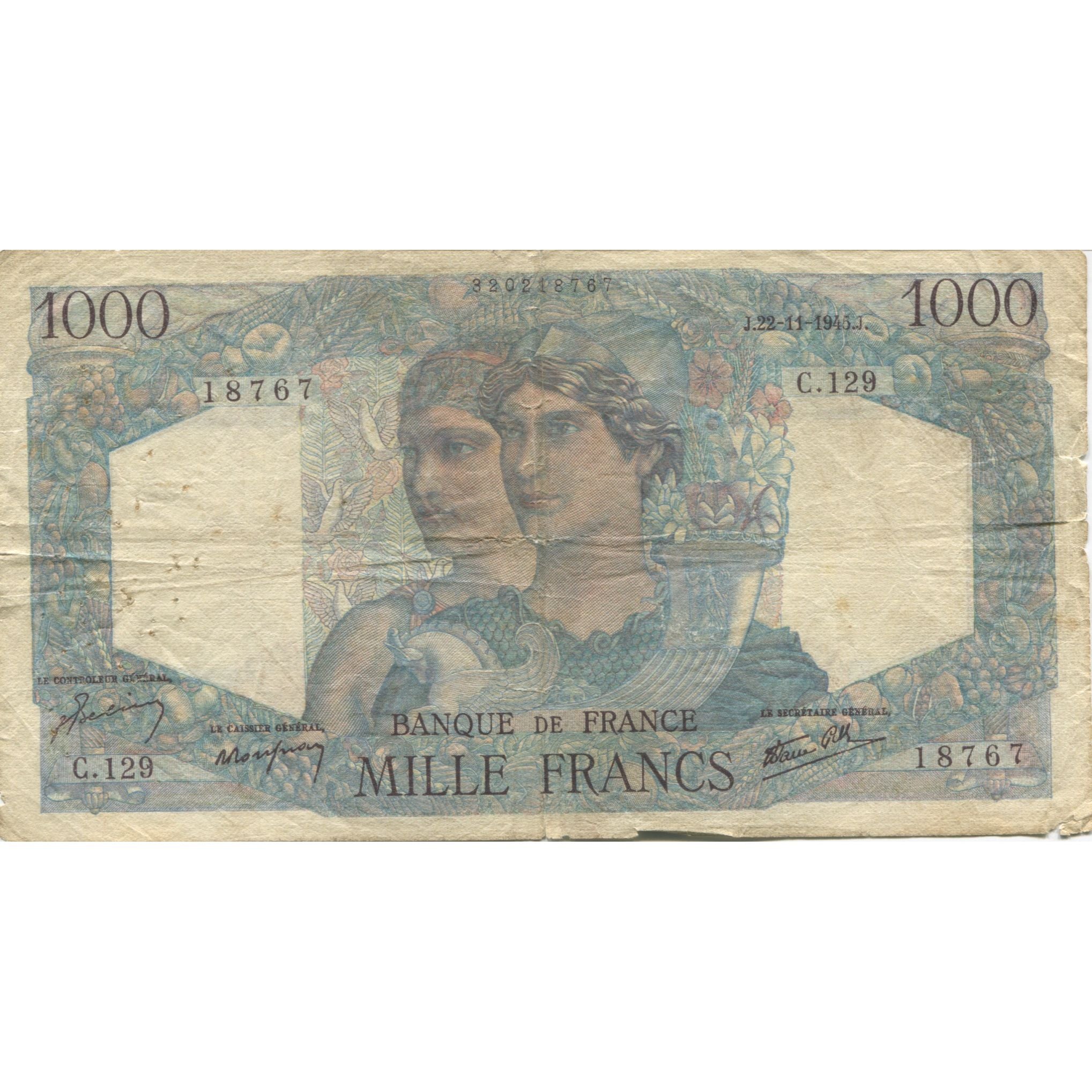 France, 1000 Francs, Minerve et Hercule, 1945, 1945-11-22, VG(8-10)