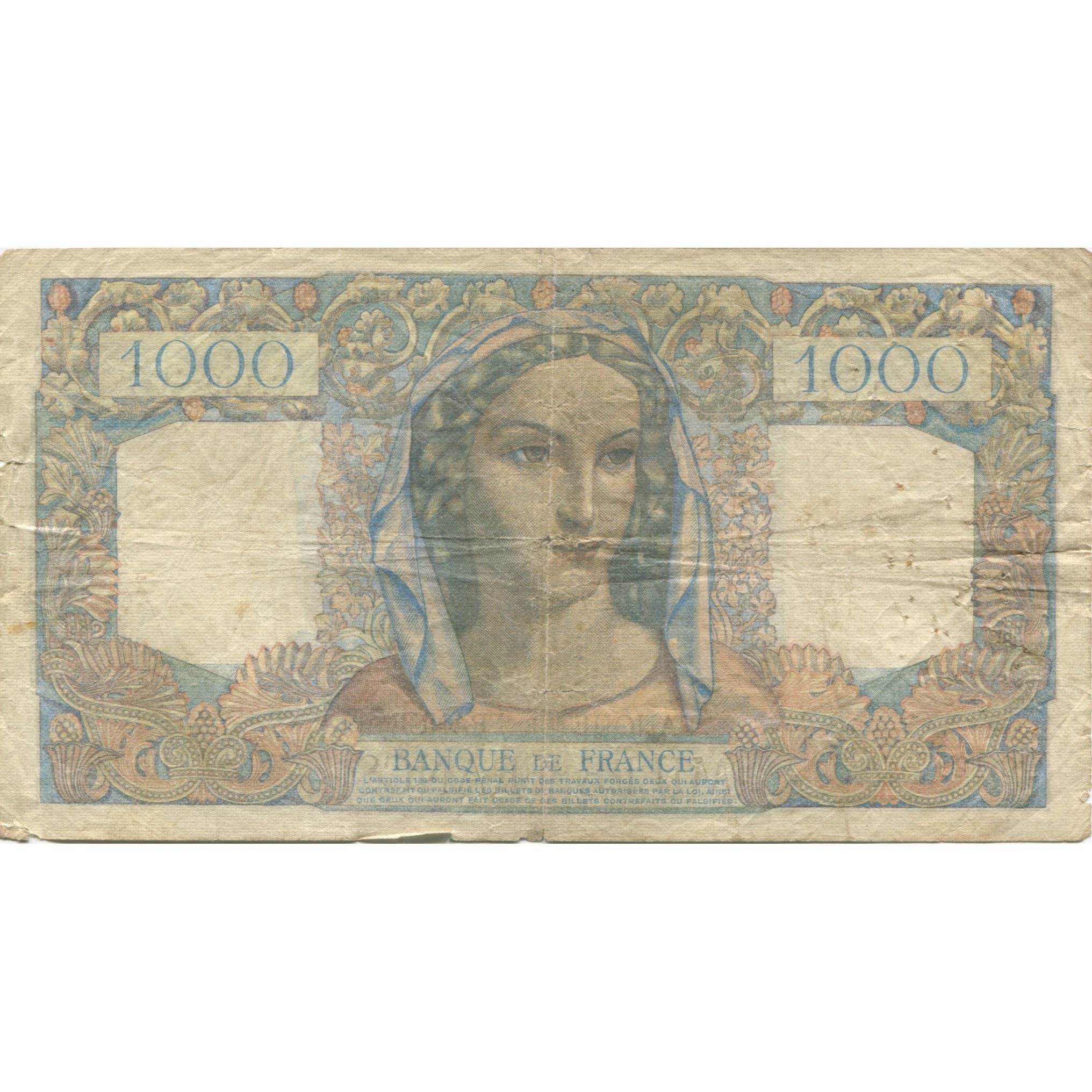France, 1000 Francs, Minerve et Hercule, 1945, 1945-11-22, VG(8-10)