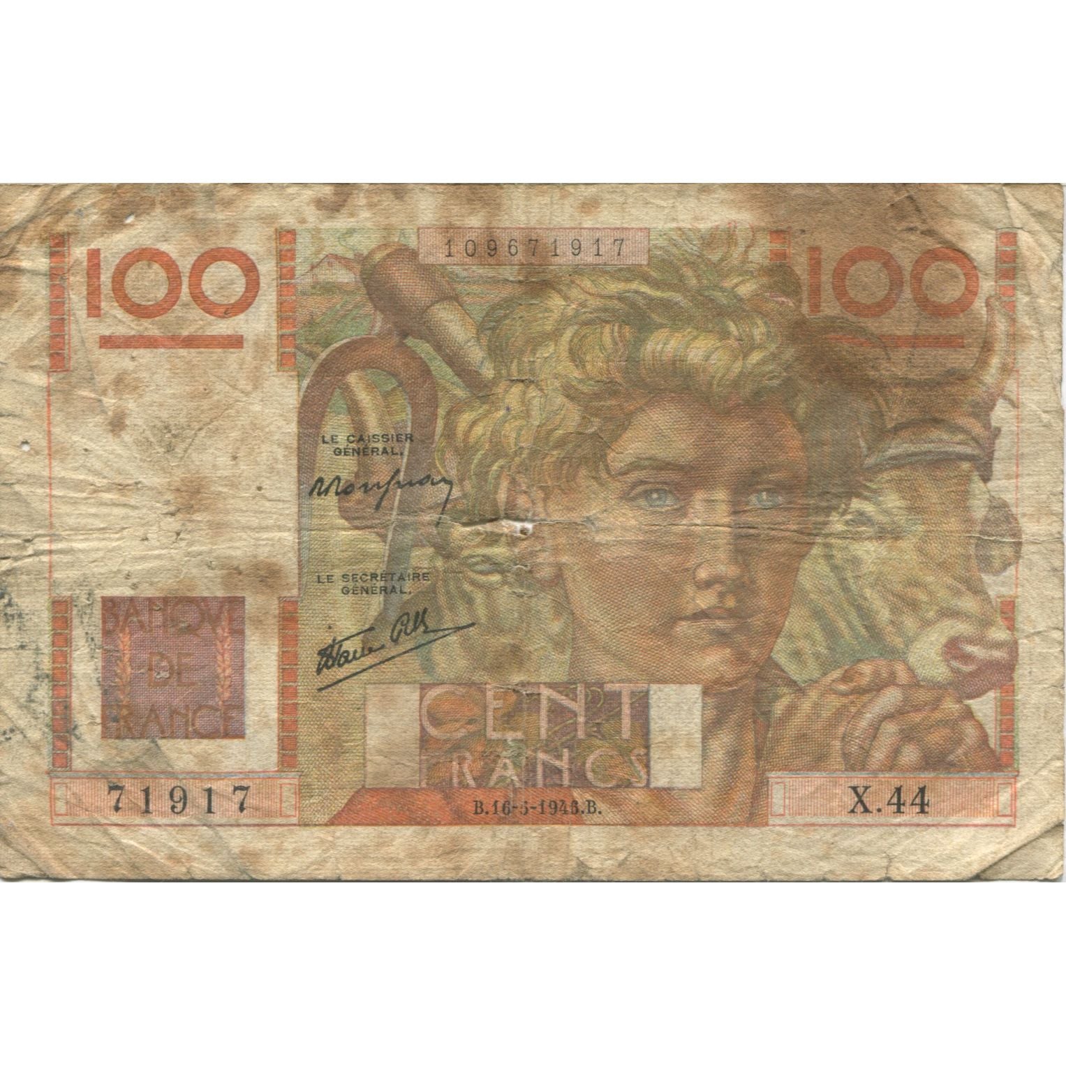 France, 100 Francs, Jeune Paysan, 1945, 1945-05-16, B, Fayette:28.4, KM:128a
