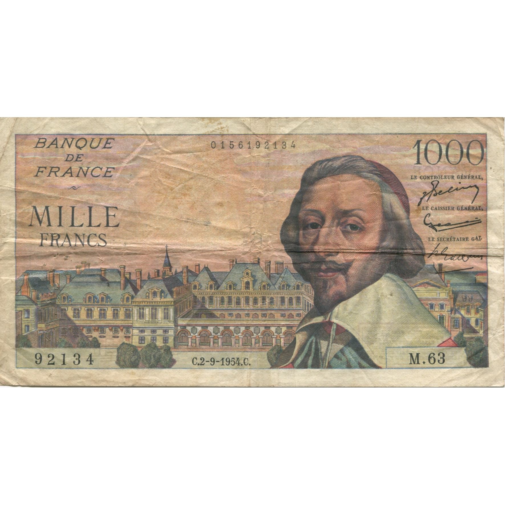 France, 1000 Francs, Richelieu, 1954, 1954-09-02, TB, Fayette:42.7, KM:134a