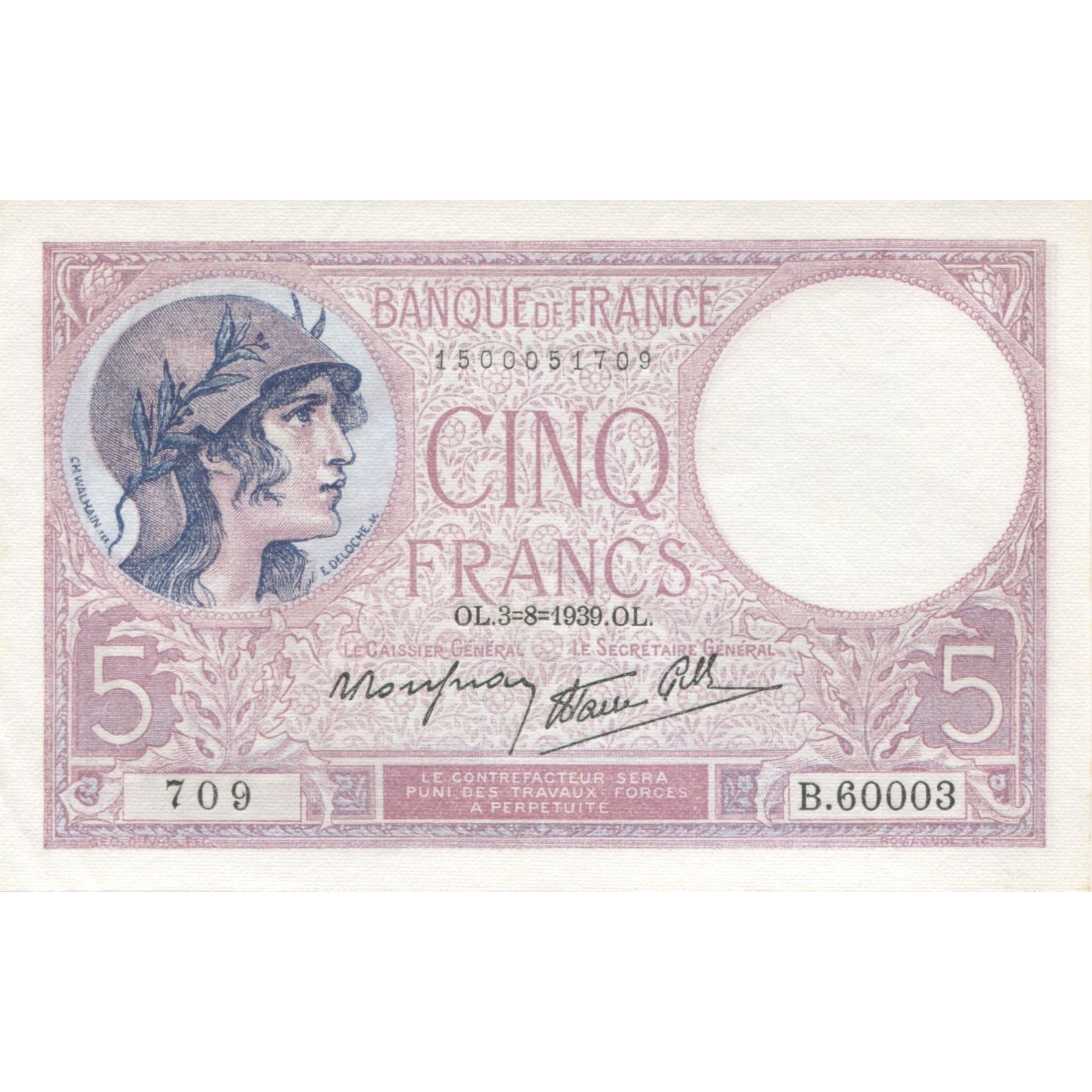 Francia, 5 Francs, Violet, 1939, 1939-08-03, UNC, Fayette:04.4, KM:83