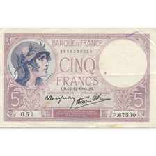 França, 5 Francs, Violet, 1940, 1940-12-12, EF(40-45), Fayette:04.17, KM:83