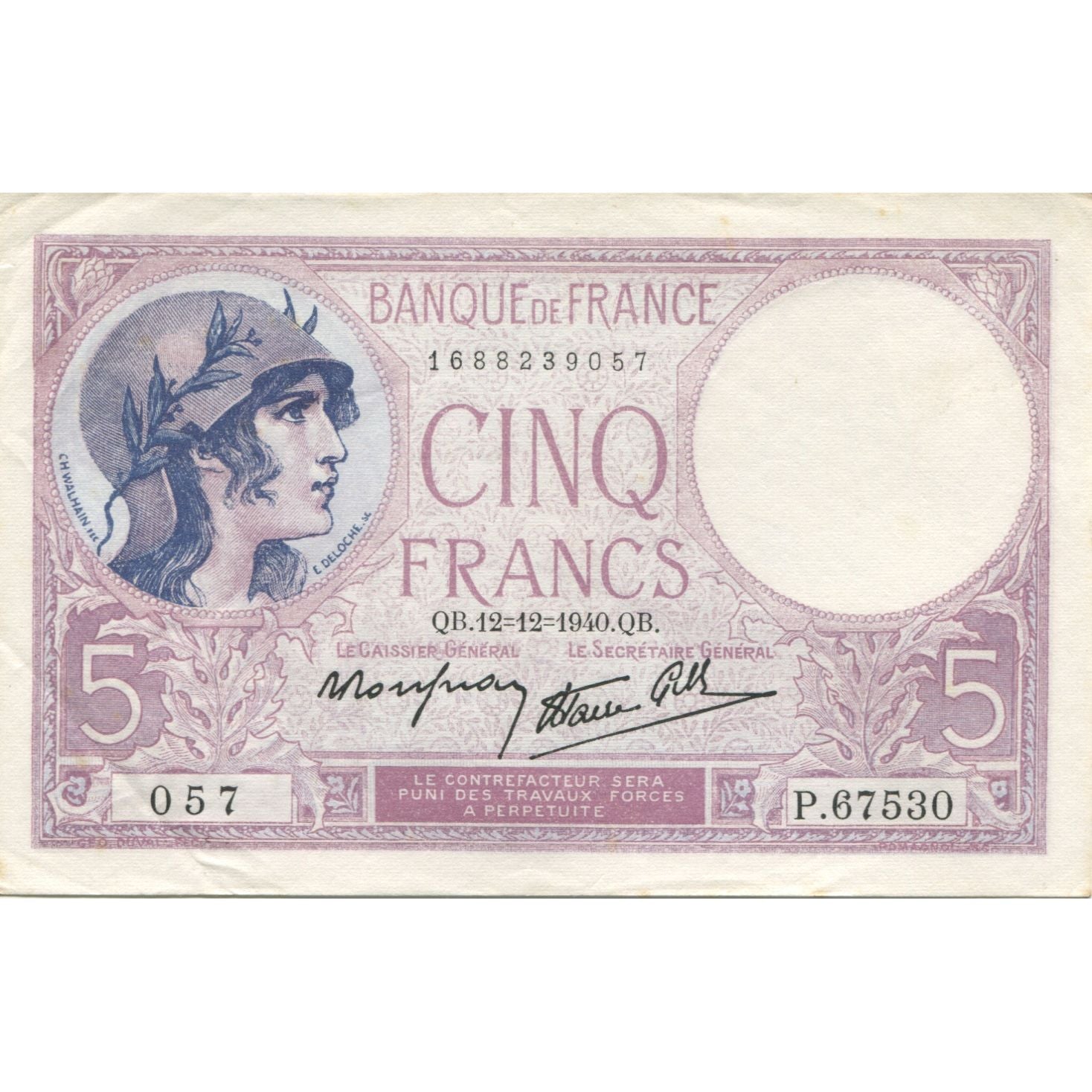 Francja, 5 Francs, Violet, 1940, 1940-12-12, AU(55-58), Fayette:04.17, KM:83
