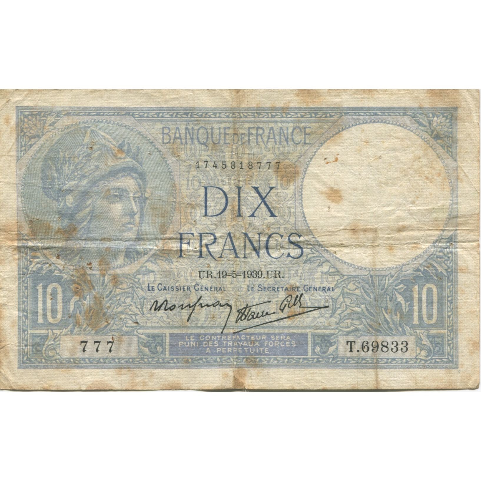França, 10 Francs, Minerve, 1939, 1939-05-19, VF(20-25), Fayette:07.03, KM:84