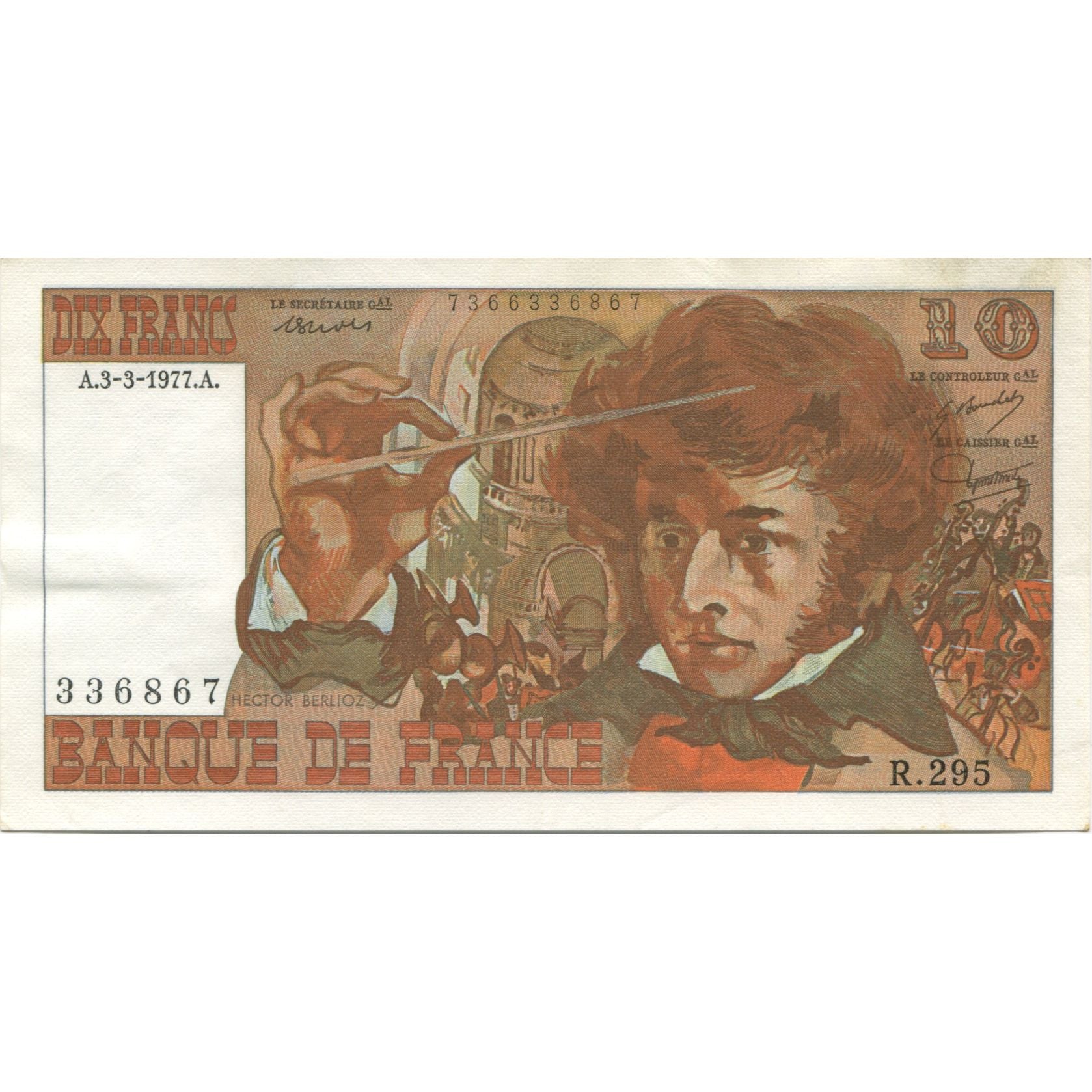 França, 10 Francs, Berlioz, 1977, 1977-03-03, UNC(65-70), Fayette:63.21