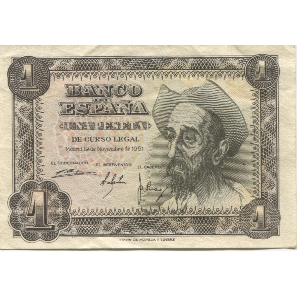 Banknote, Spain, 1 Peseta, 1951, 1951-11-19, KM:139a, AU(50-53)