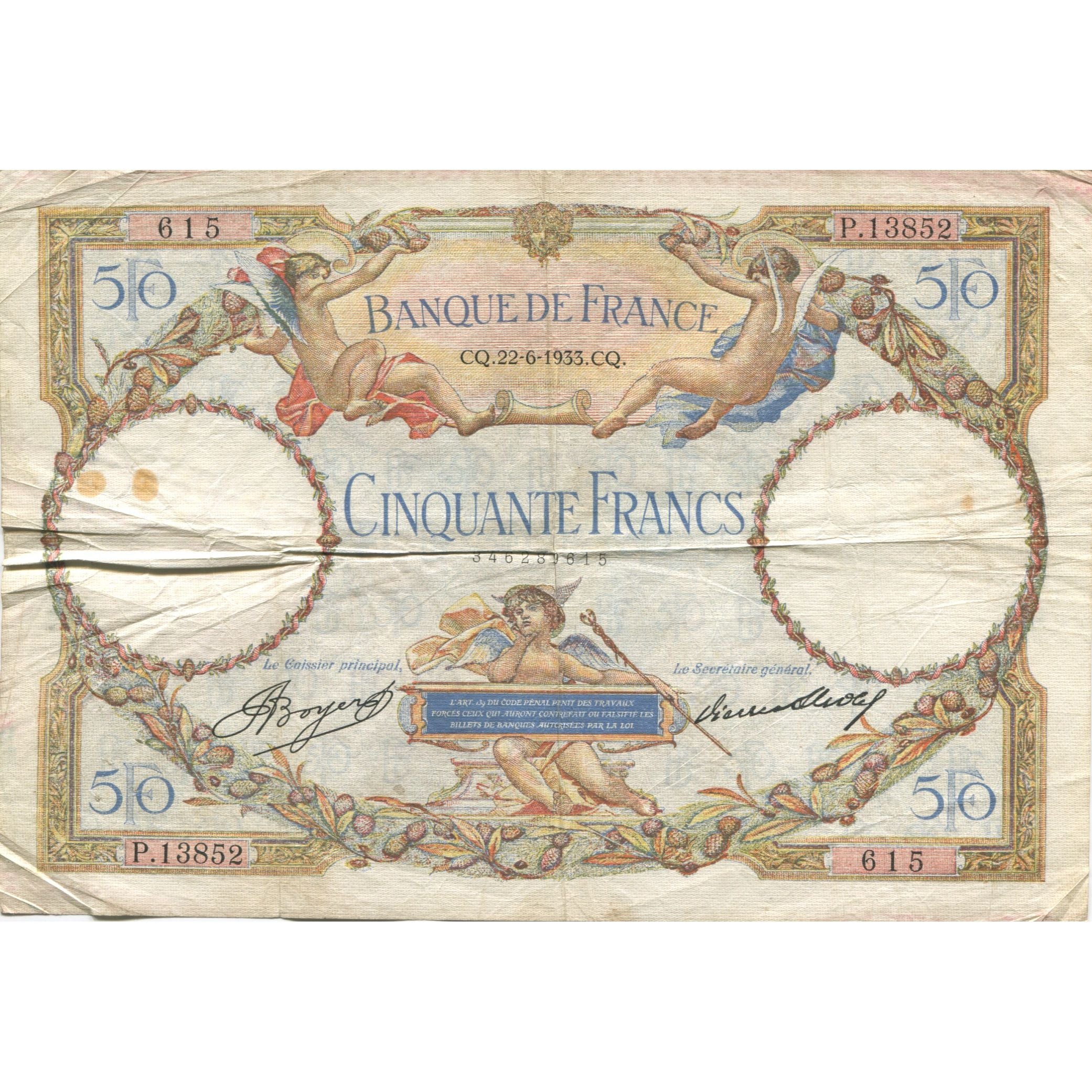 France, 50 Francs, Luc Olivier Merson, 1933, 1933-06-22, VF(20-25)