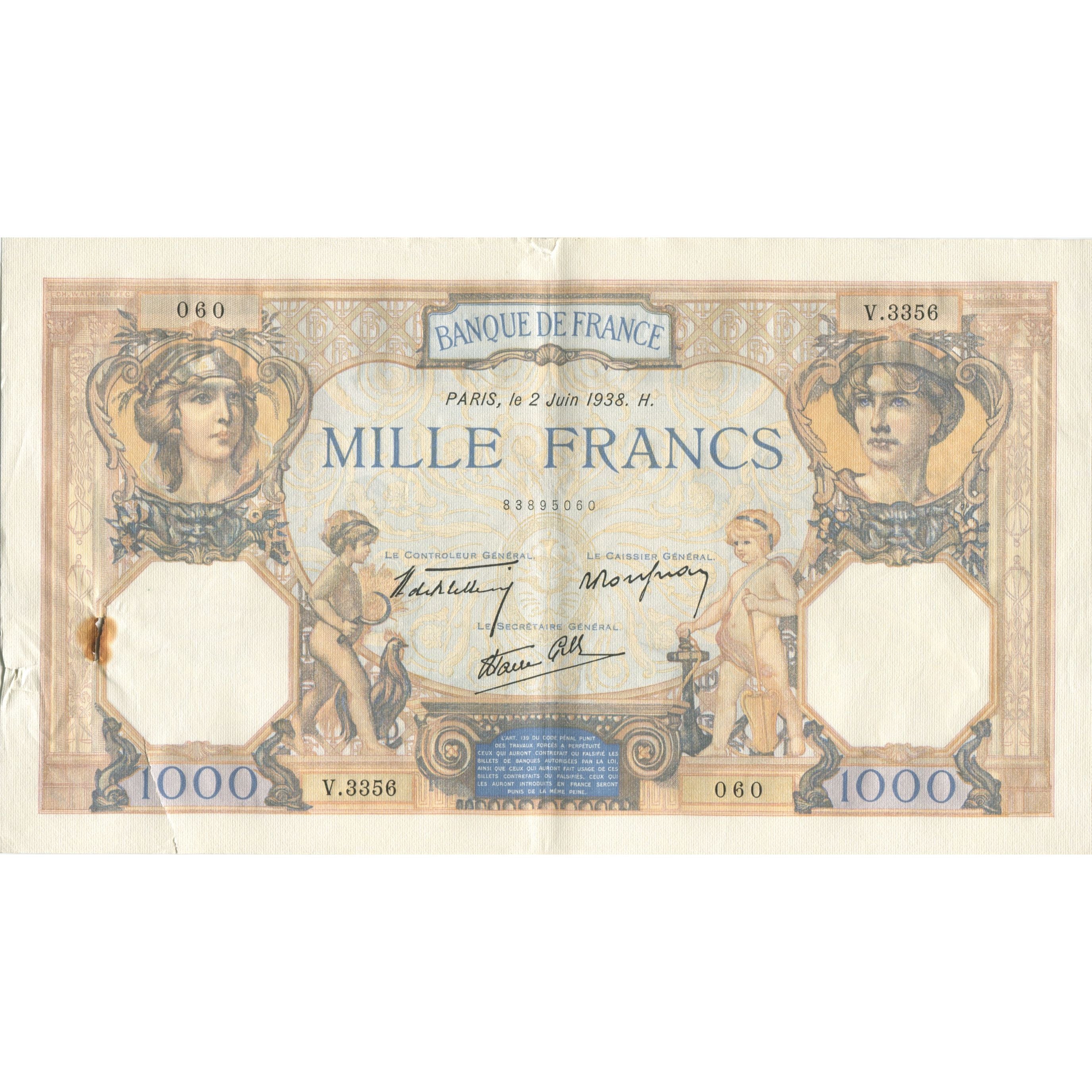Francja, 1000 Francs, Cérès et Mercure, 1938, 1938-06-02, AU(55-58)