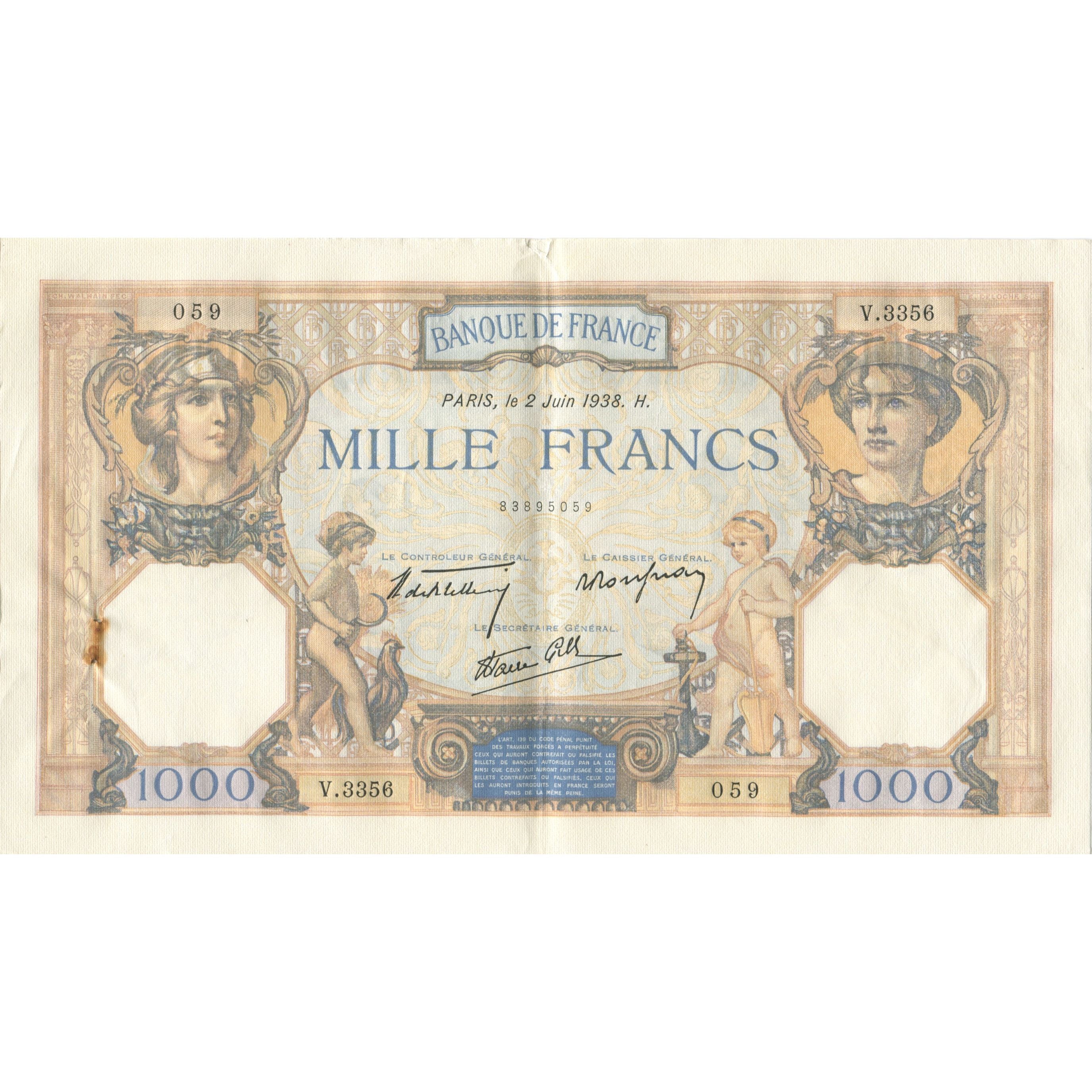 Francia, 1000 Francs, Cérès et Mercure, 1938, 1938-06-02, SPL-, Fayette:38.17