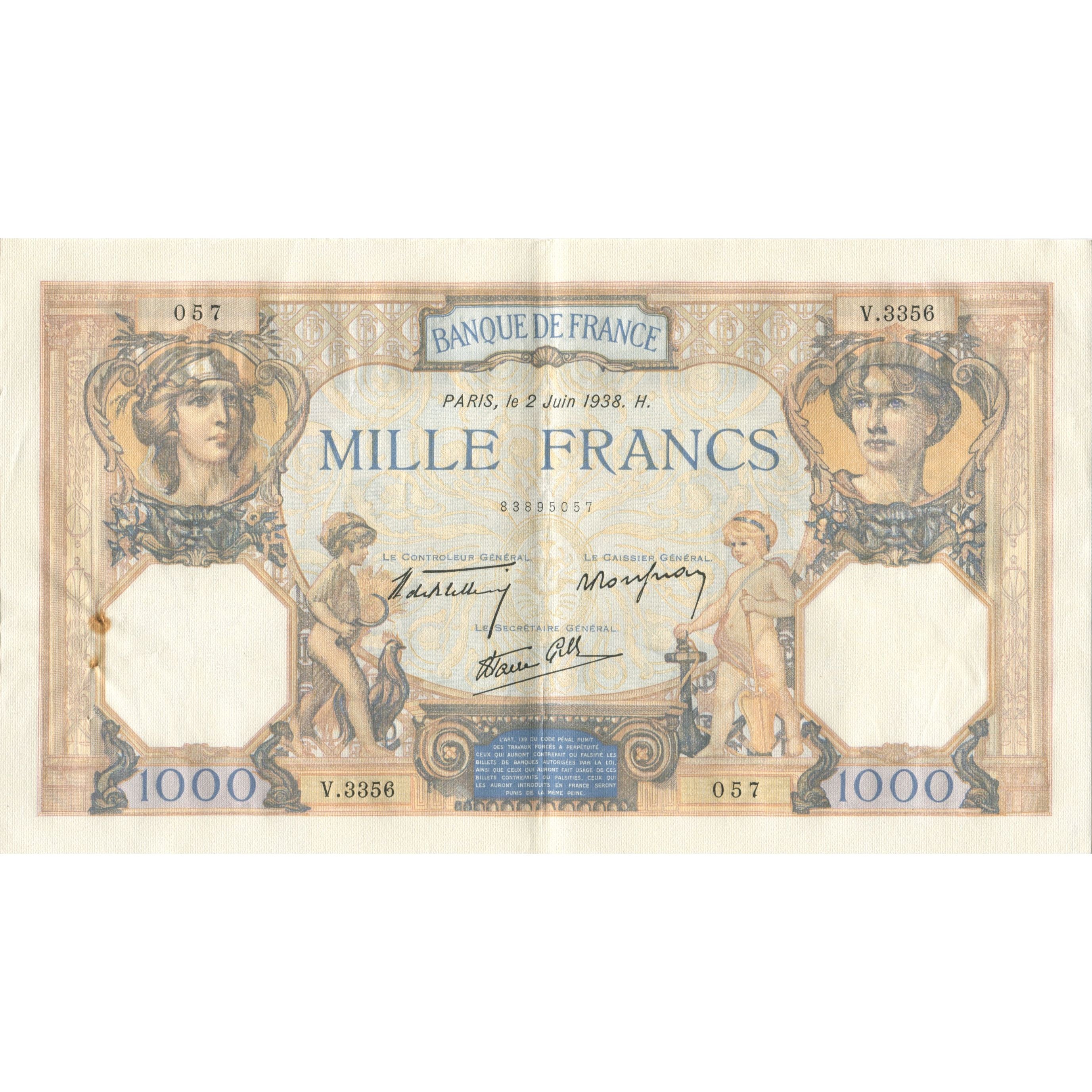 France, 1000 Francs, Cérès et Mercure, 1938, 1938-06-02, AU(55-58)