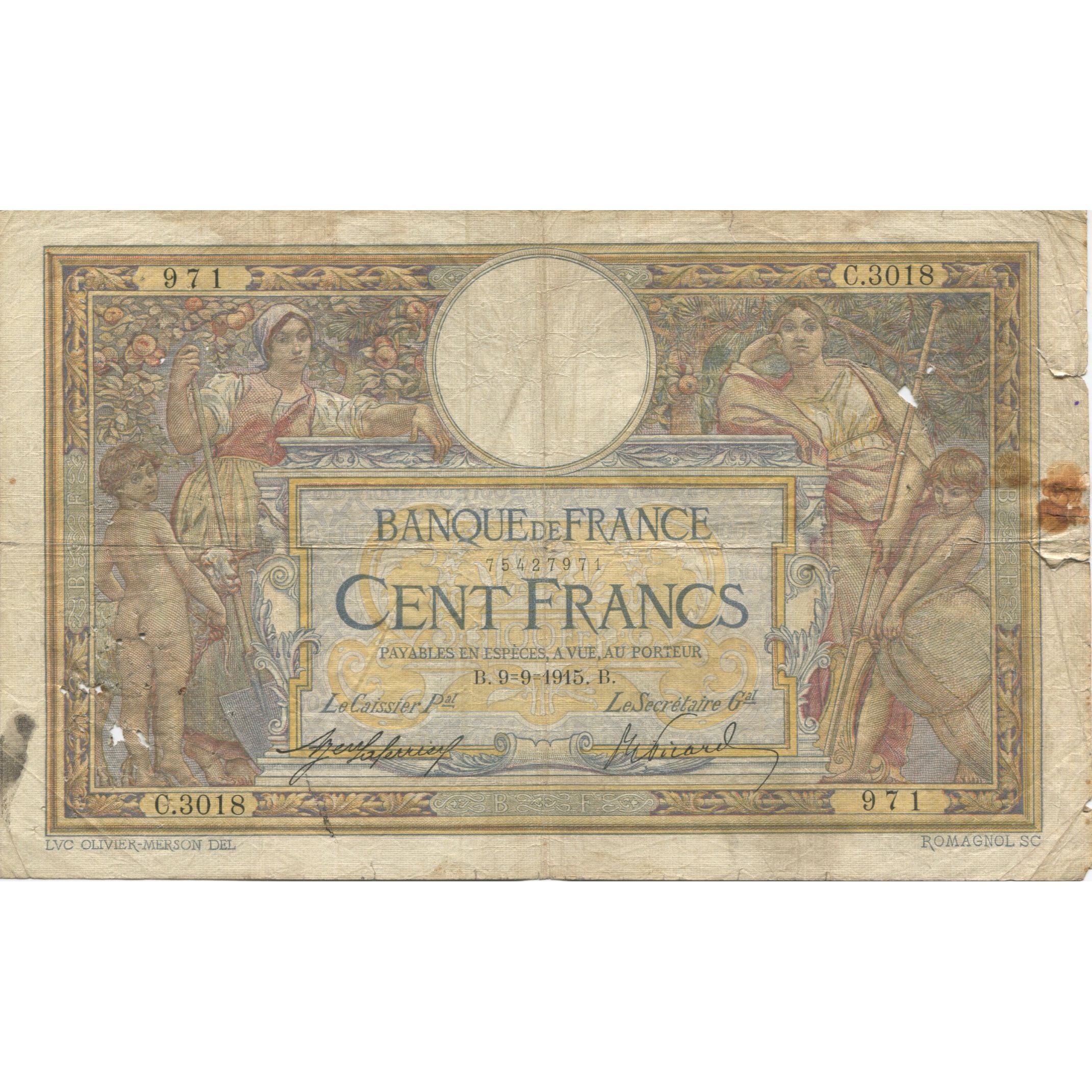 Frankrijk, 100 Francs, Luc Olivier Merson, 1915, 1915-09-09, TB, Fayette:23.7