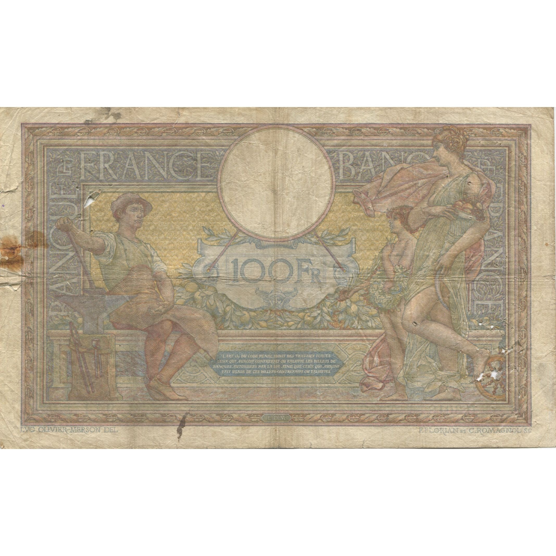 Frankrijk, 100 Francs, Luc Olivier Merson, 1915, 1915-09-09, TB, Fayette:23.7