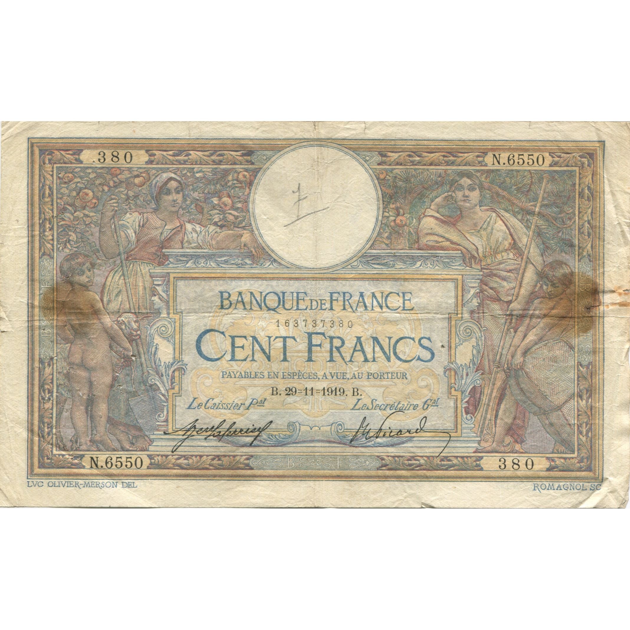 Frankrijk, 100 Francs, Luc Olivier Merson, 1919, 1919-11-29, TB, Fayette:23.11