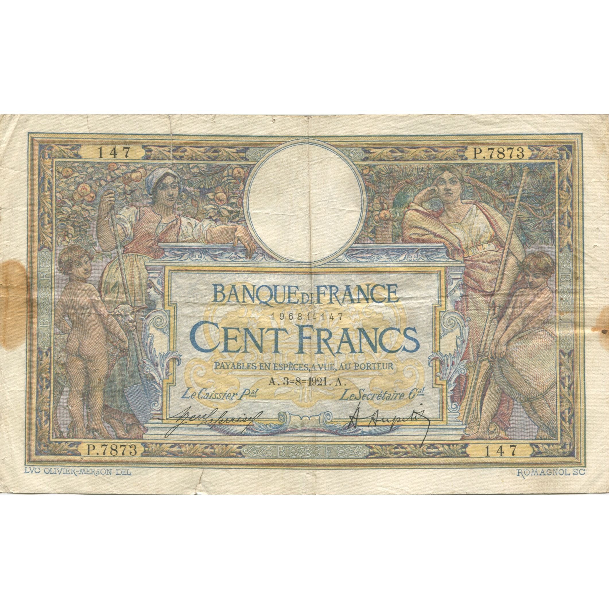 France, 100 Francs, Luc Olivier Merson, 1921, 1921-08-03, VF(20-25)
