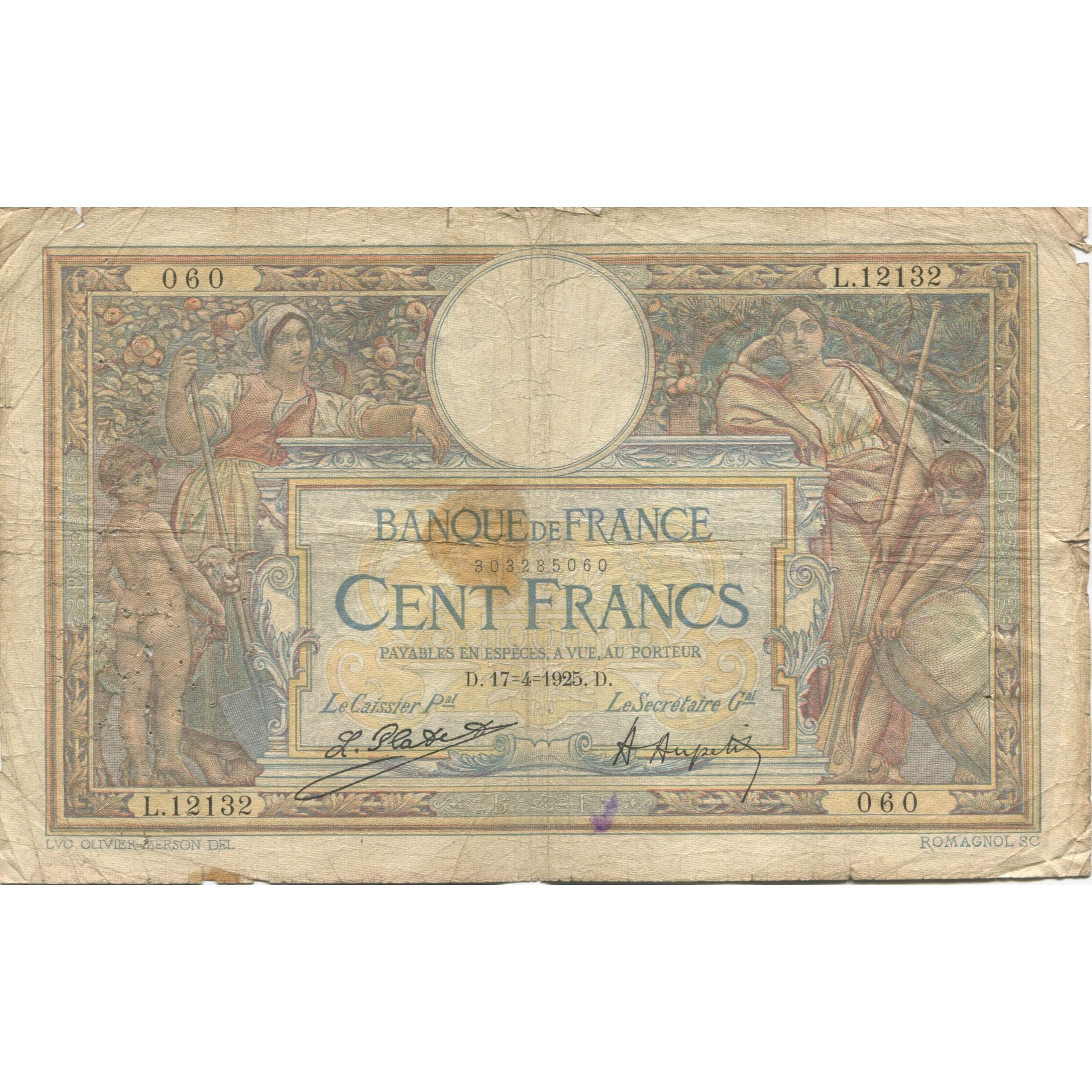 France, 100 Francs, Luc Olivier Merson, 1925, 1925-04-17, VF(20-25)