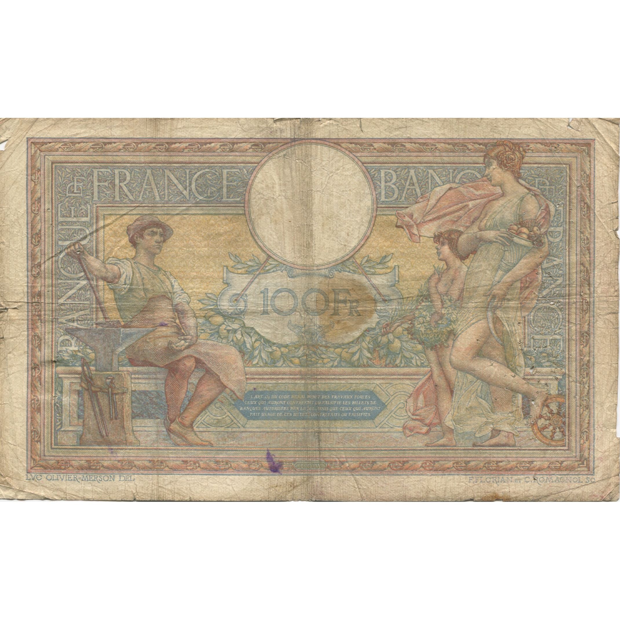France, 100 Francs, Luc Olivier Merson, 1925, 1925-04-17, VF(20-25)