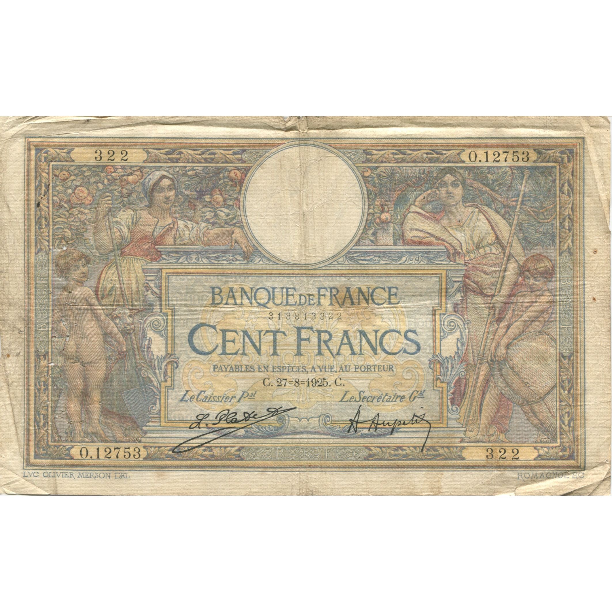 France, 100 Francs, Luc Olivier Merson, 1925, 1925-08-27, VF(20-25)