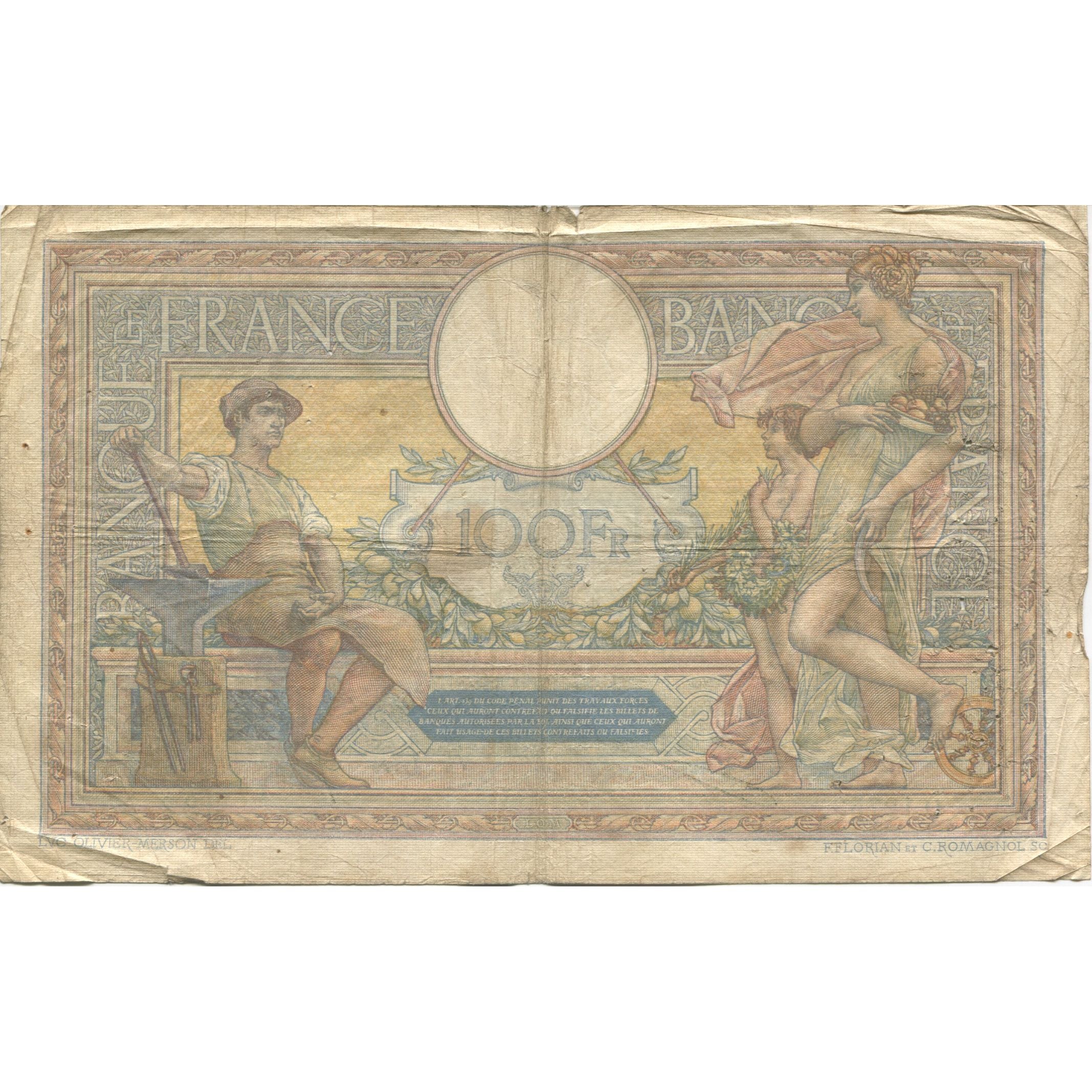 France, 100 Francs, Luc Olivier Merson, 1925, 1925-08-27, VF(20-25)