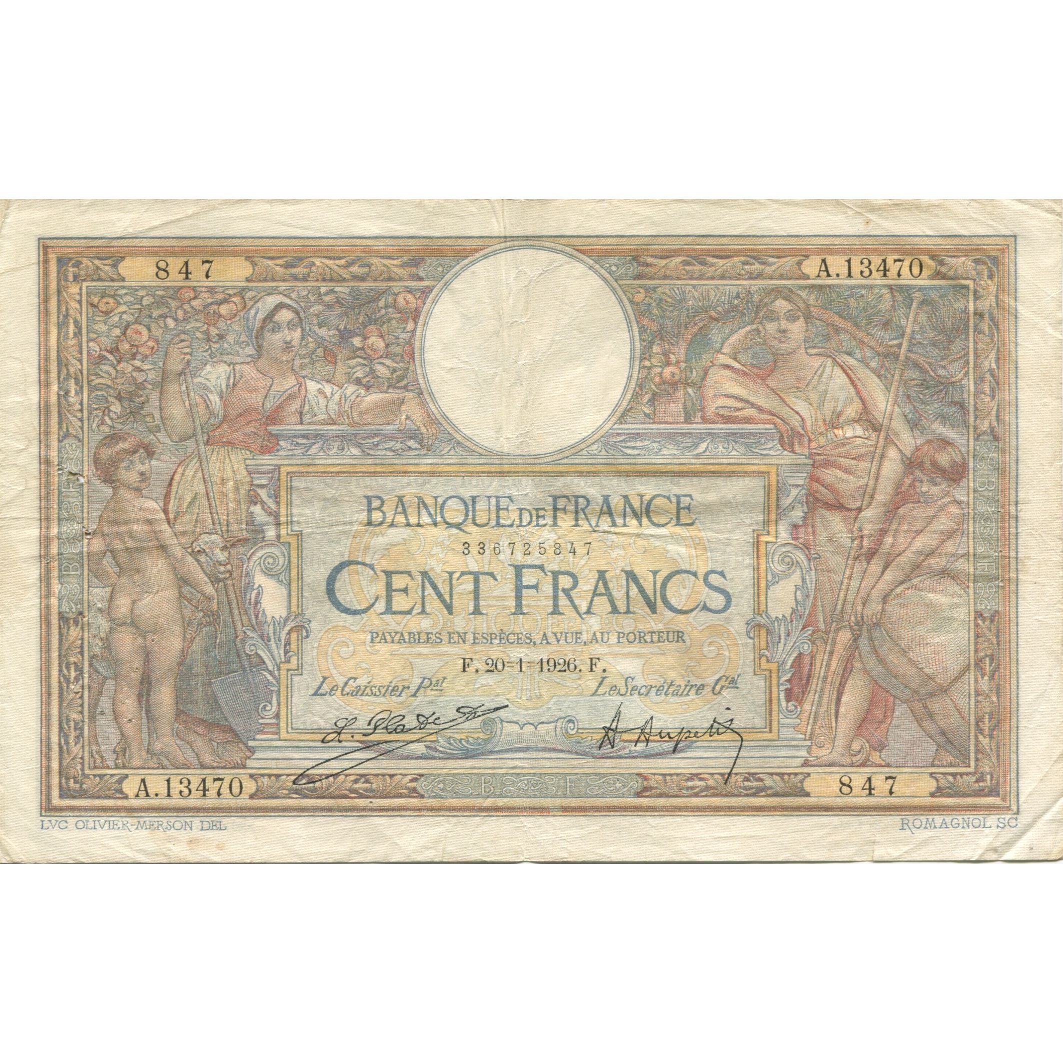 Frankrijk, 100 Francs, Luc Olivier Merson, 1926, 1926-01-20, TB, Fayette:24.5