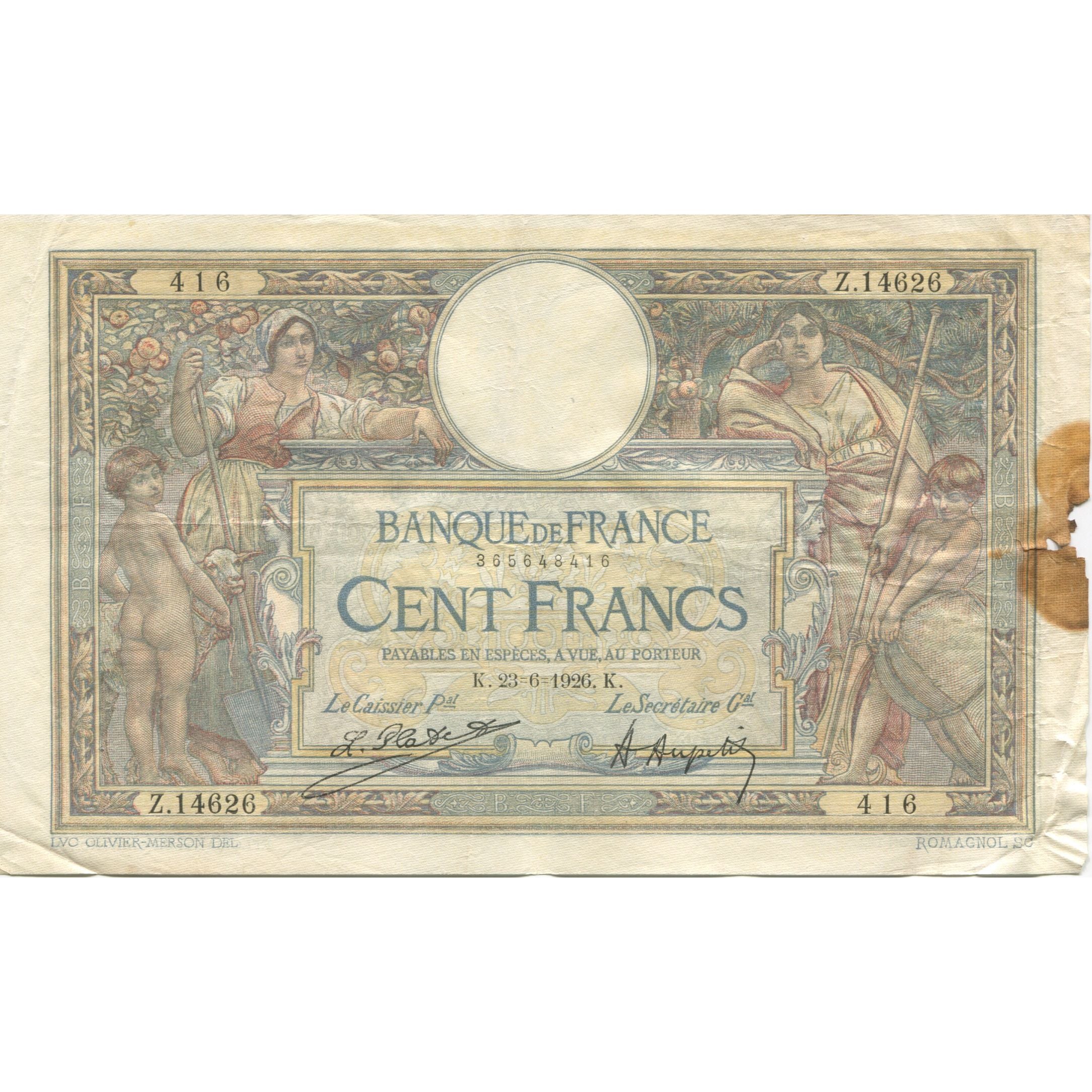 Francia, 100 Francs, Luc Olivier Merson, 1926, 1926-06-23, BC, Fayette:24.5