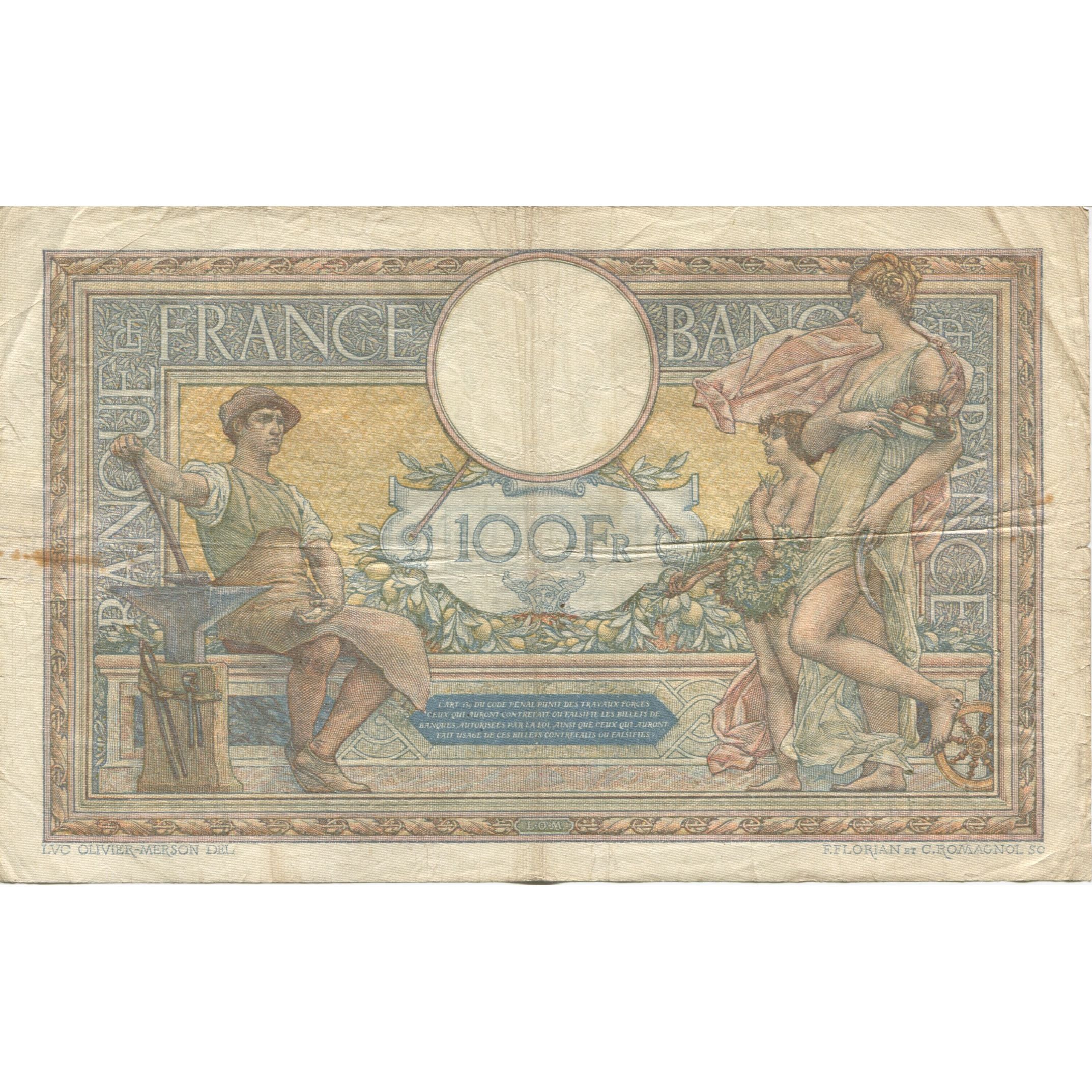 France, 100 Francs, Luc Olivier Merson, 1926, 1926-07-09, VF(20-25)