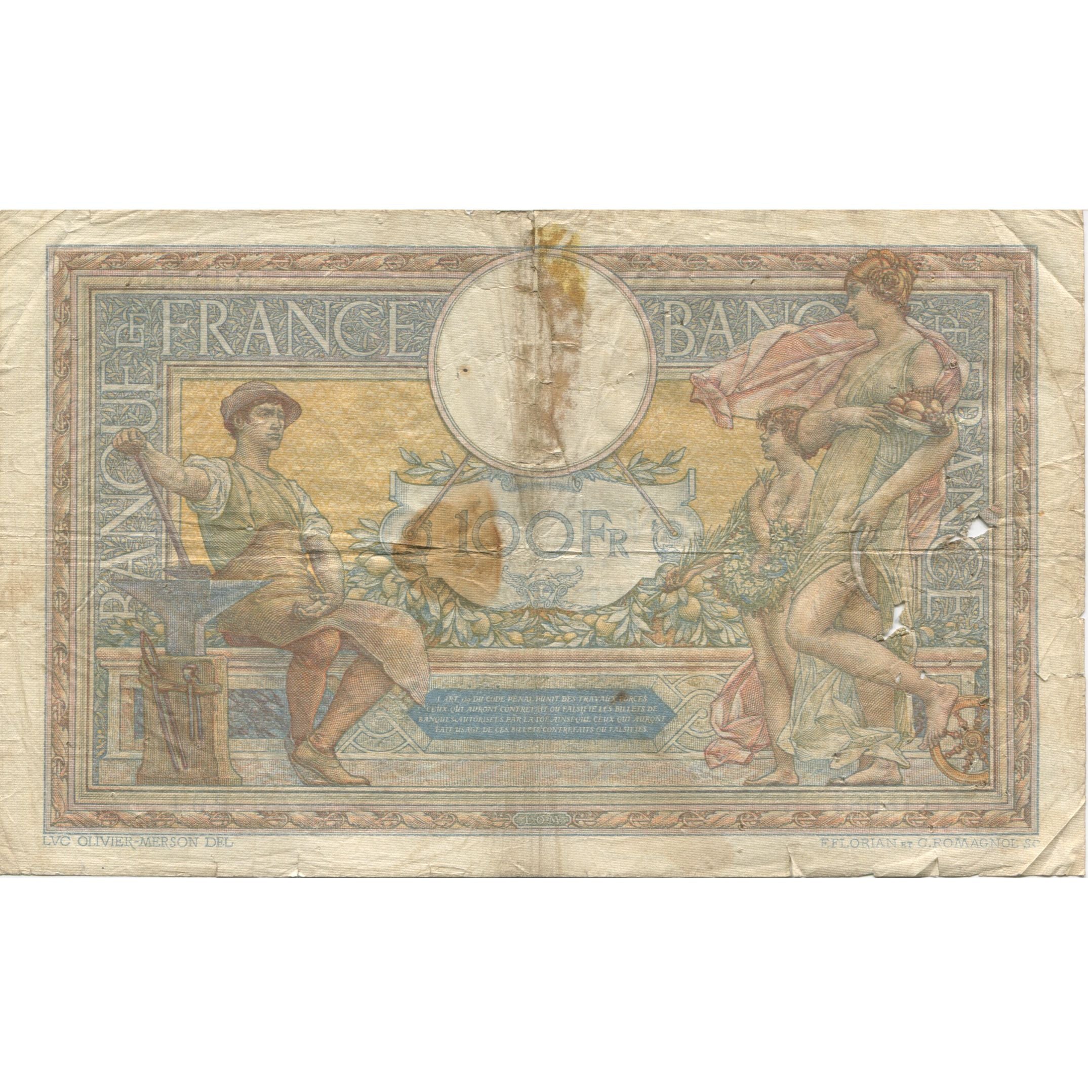 França, 100 Francs, Luc Olivier Merson, 1927, 1927-08-08, VF(20-25)