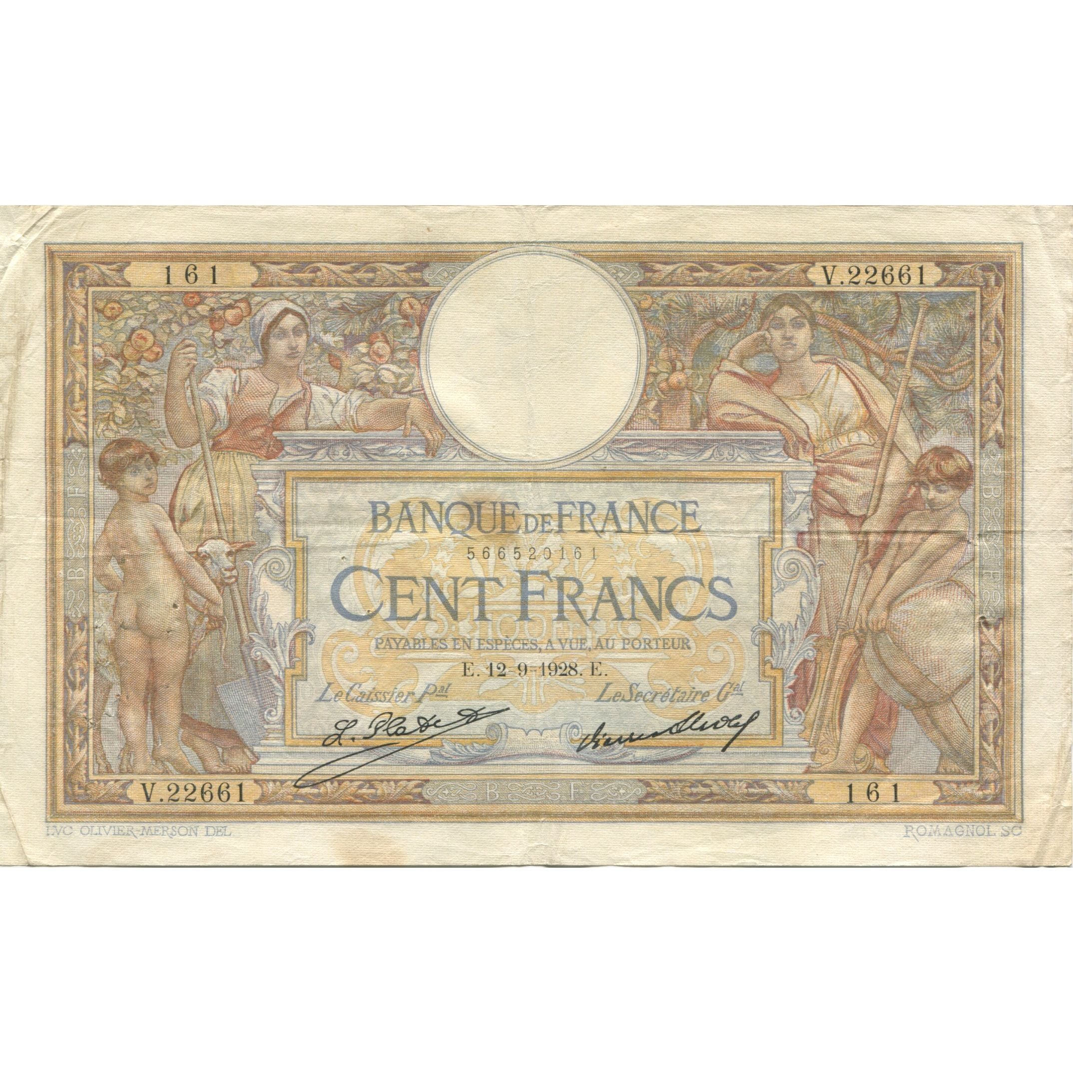 Frankreich, 100 Francs, Luc Olivier Merson, 1928, 1928-09-12, S, Fayette:24.7