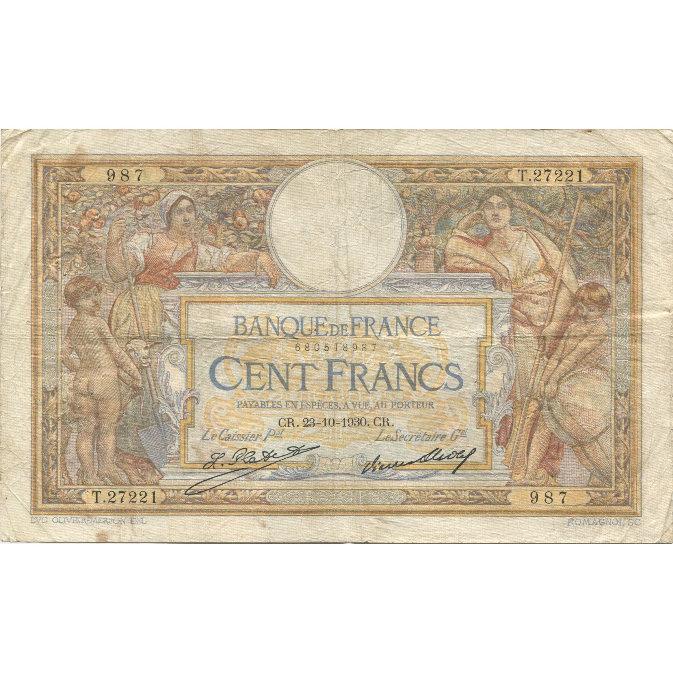 France, 100 Francs, Luc Olivier Merson, 1930, 1930-10-23, TB, Fayette:24.9