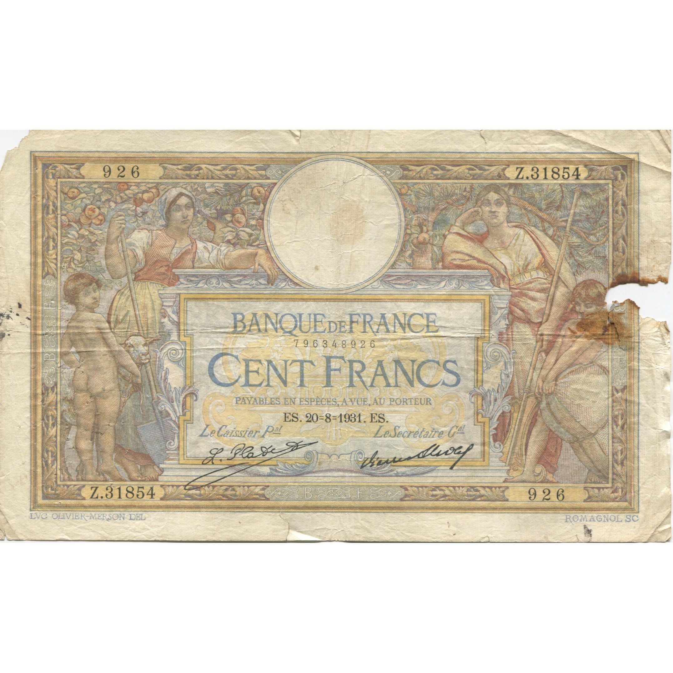 Frankrijk, 100 Francs, Luc Olivier Merson, 1931, 1931-08-20, TB, Fayette:24.10