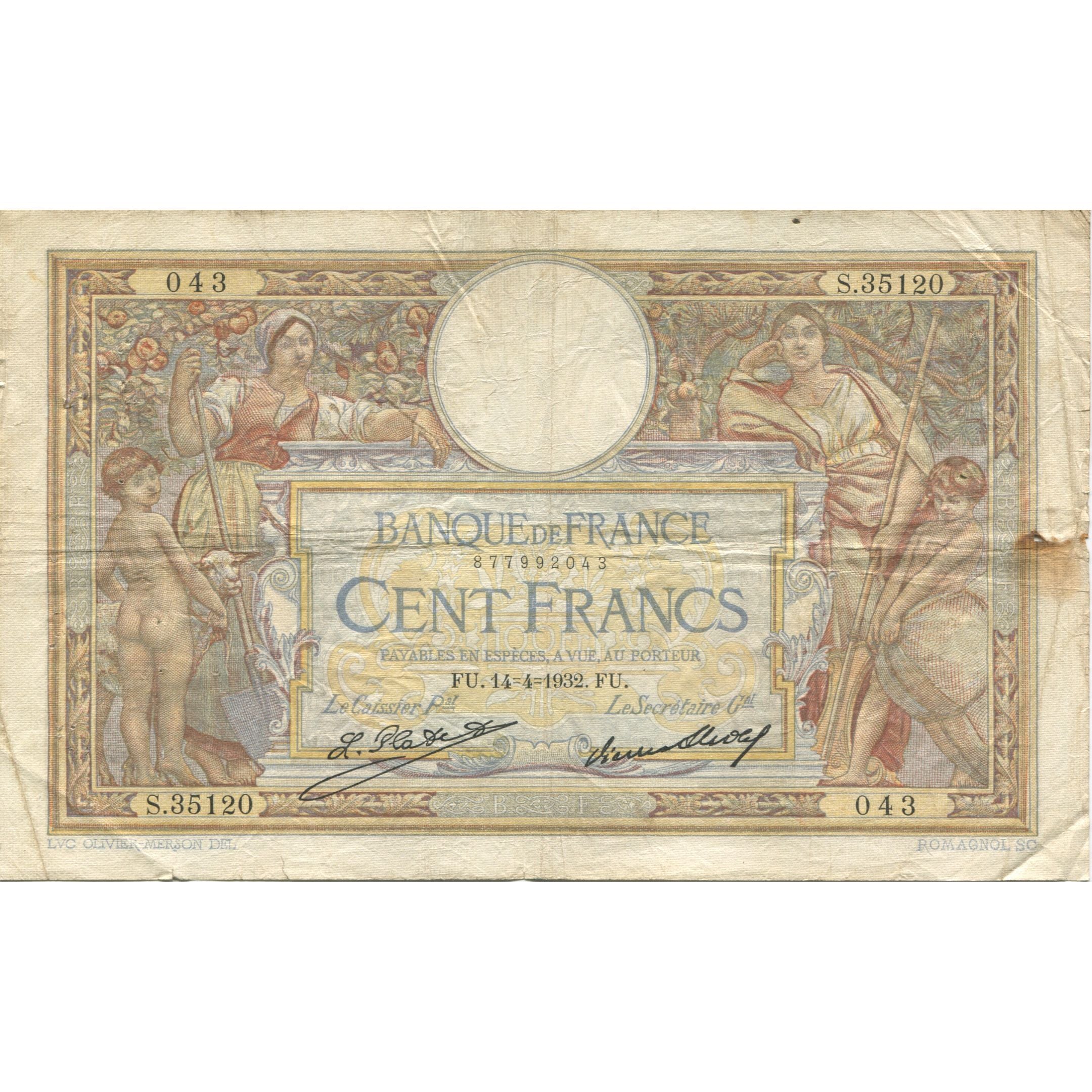 Frankrijk, 100 Francs, Luc Olivier Merson, 1932, 1932-04-14, TB, Fayette:24.11