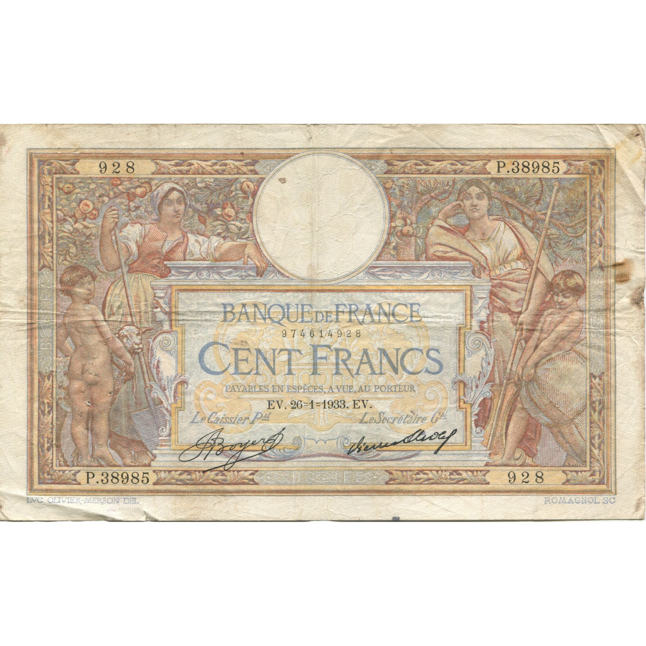 France, 100 Francs, Luc Olivier Merson, 1933, 1933-01-26, VF(20-25)