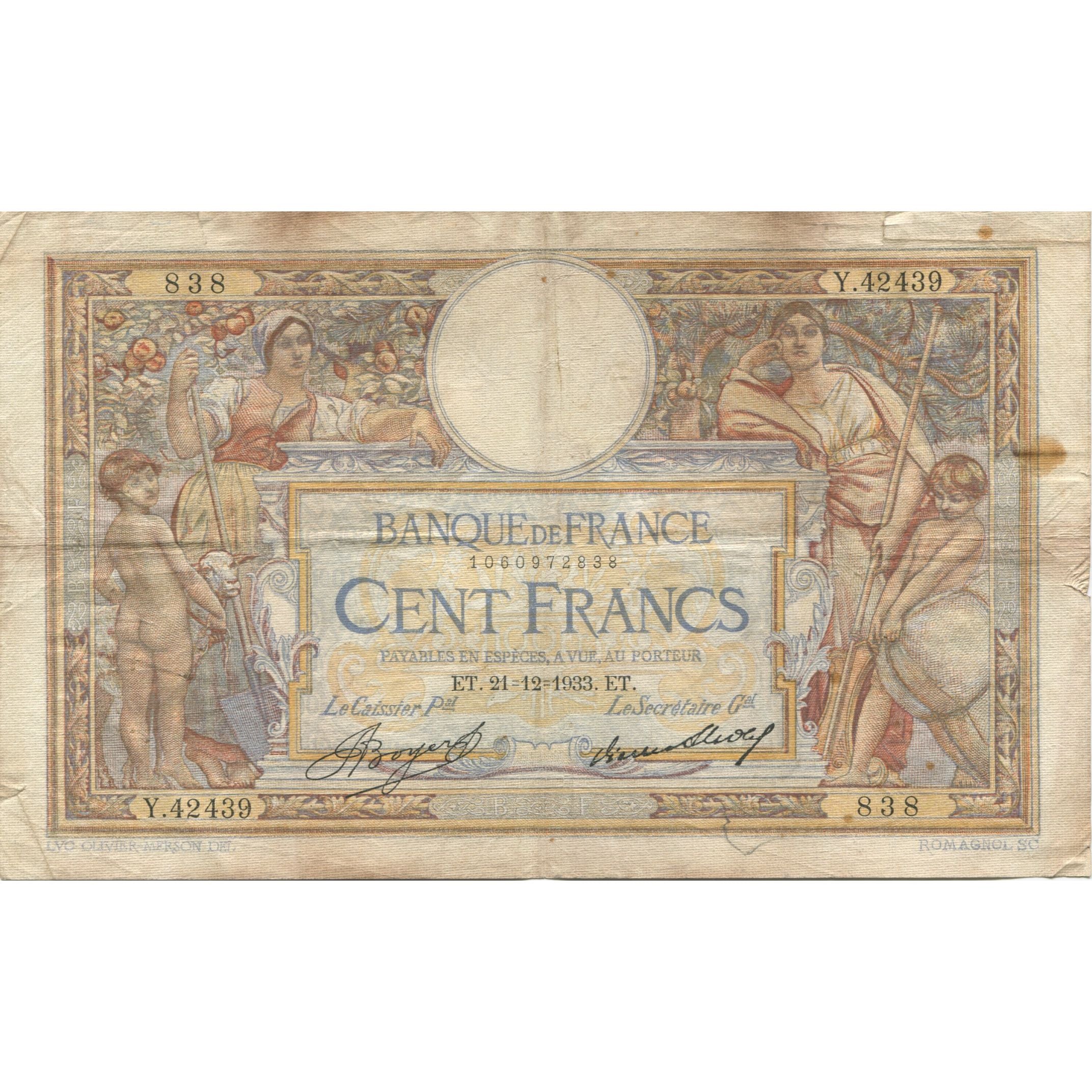 France, 100 Francs, Luc Olivier Merson, 1933, 1933-12-21, VF(20-25)