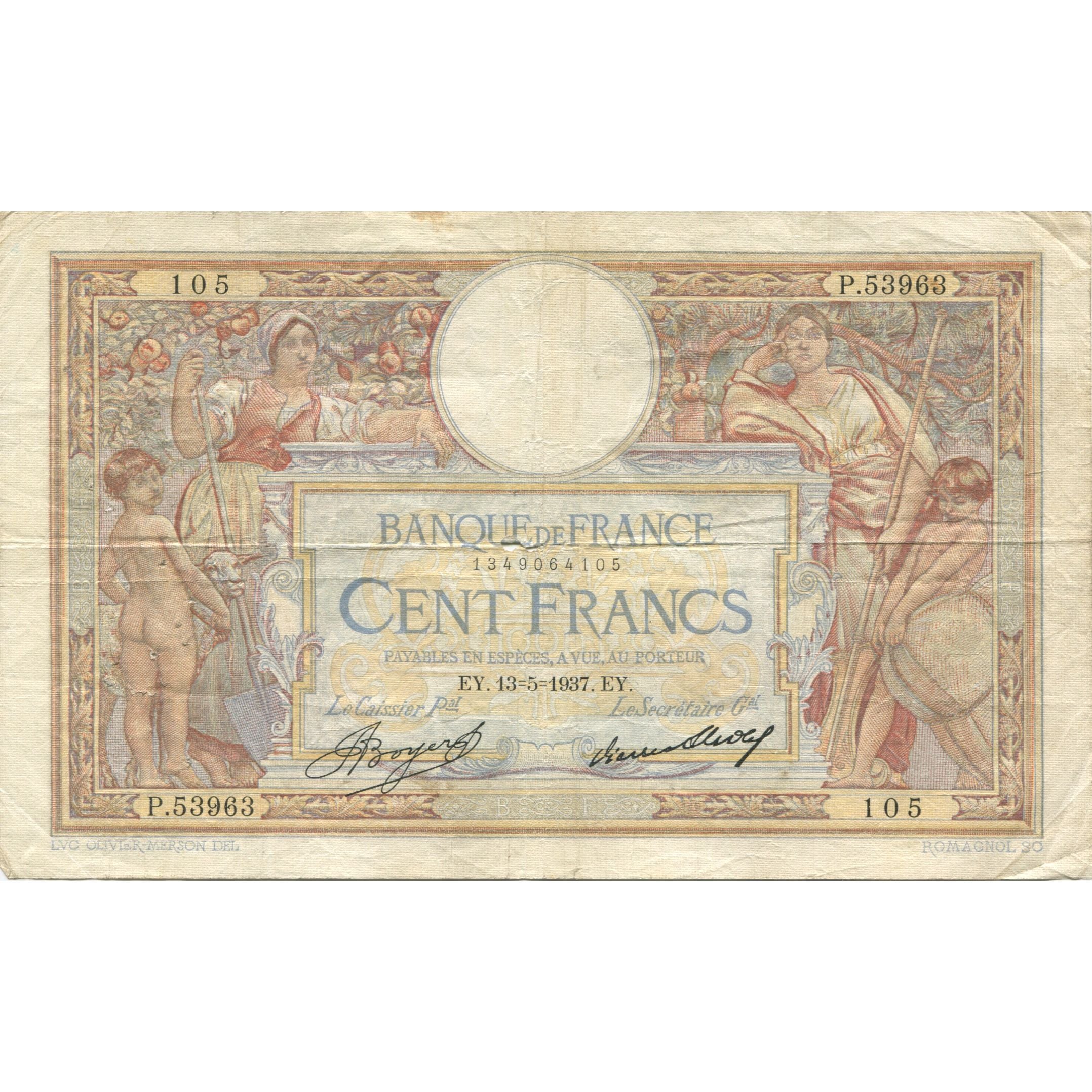 Frankrijk, 100 Francs, Luc Olivier Merson, 1937, 1937-05-13, TB, Fayette:24.16