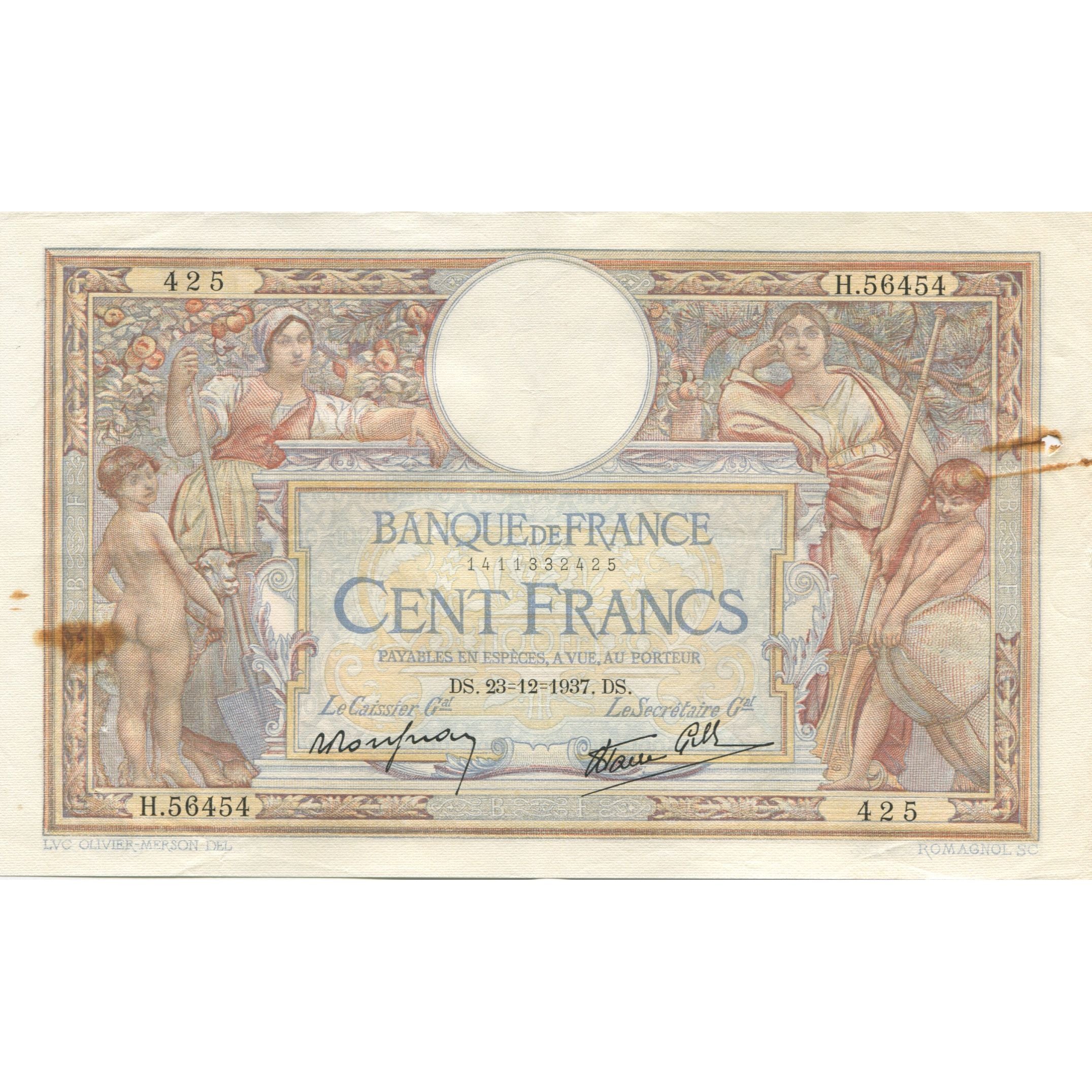 Frankrijk, 100 Francs, Luc Olivier Merson, 1937, 1937-12-23, TB, Fayette:25.6