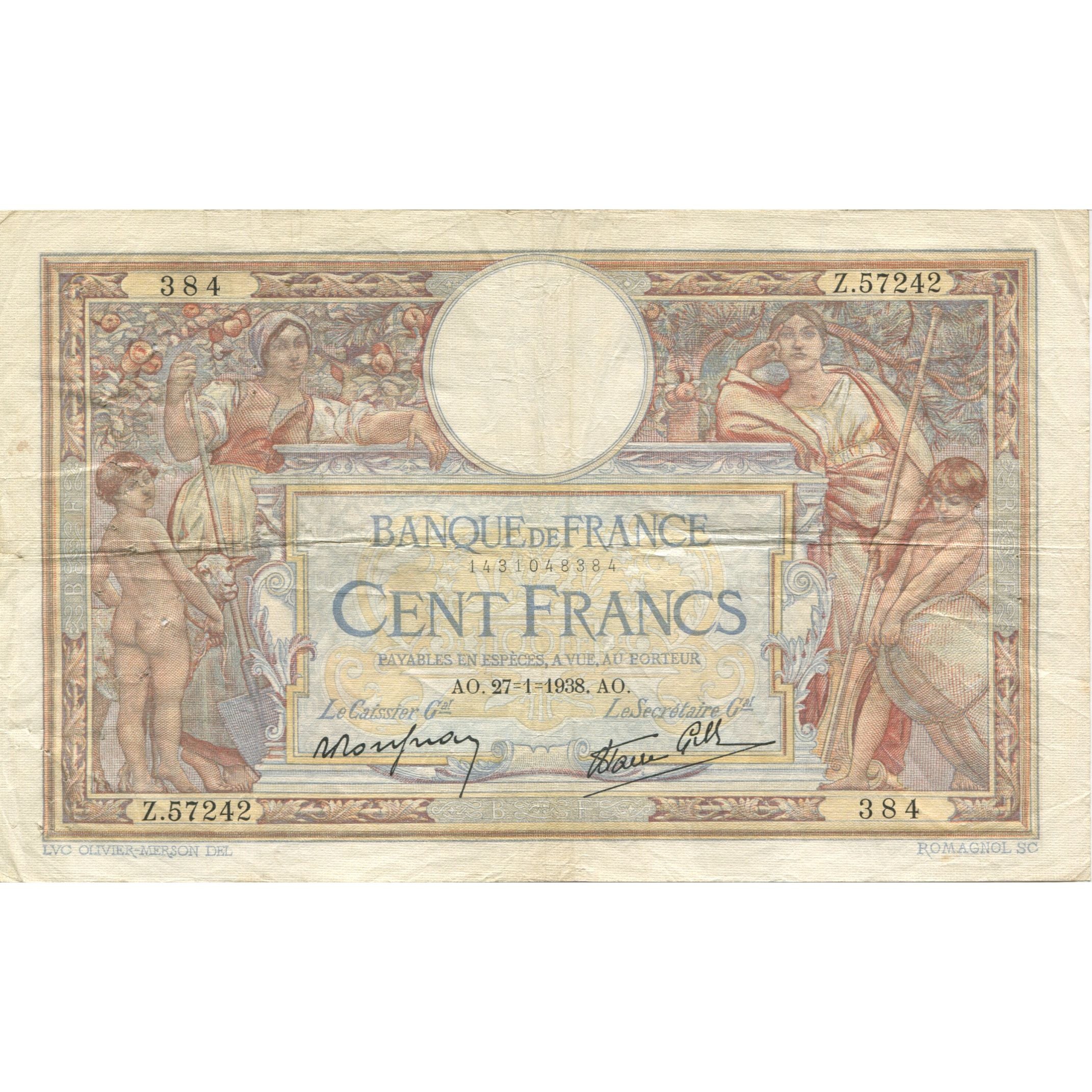 France, 100 Francs, Luc Olivier Merson, 1938, 1938-01-27, VF(20-25)