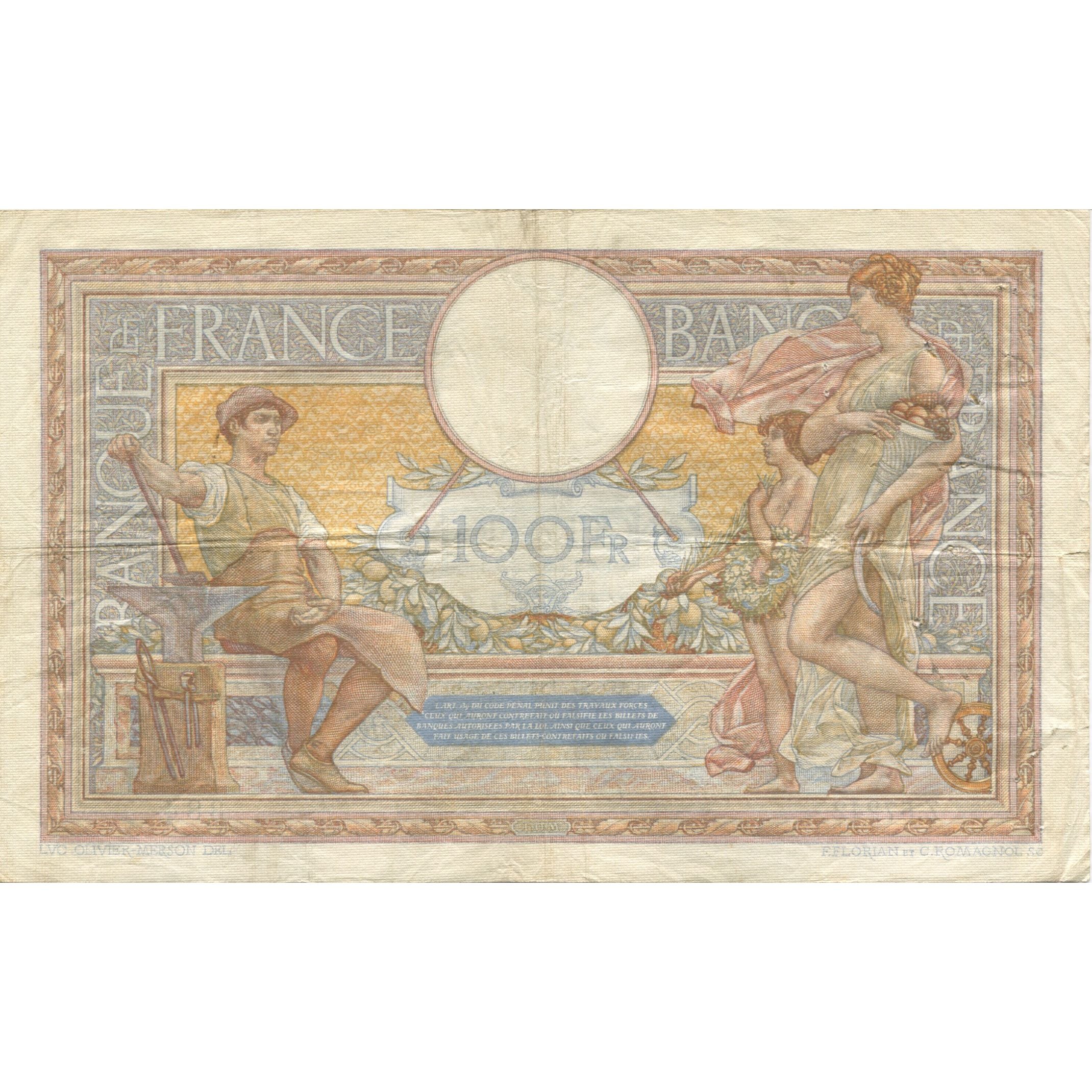 France, 100 Francs, Luc Olivier Merson, 1938, 1938-01-27, VF(20-25)