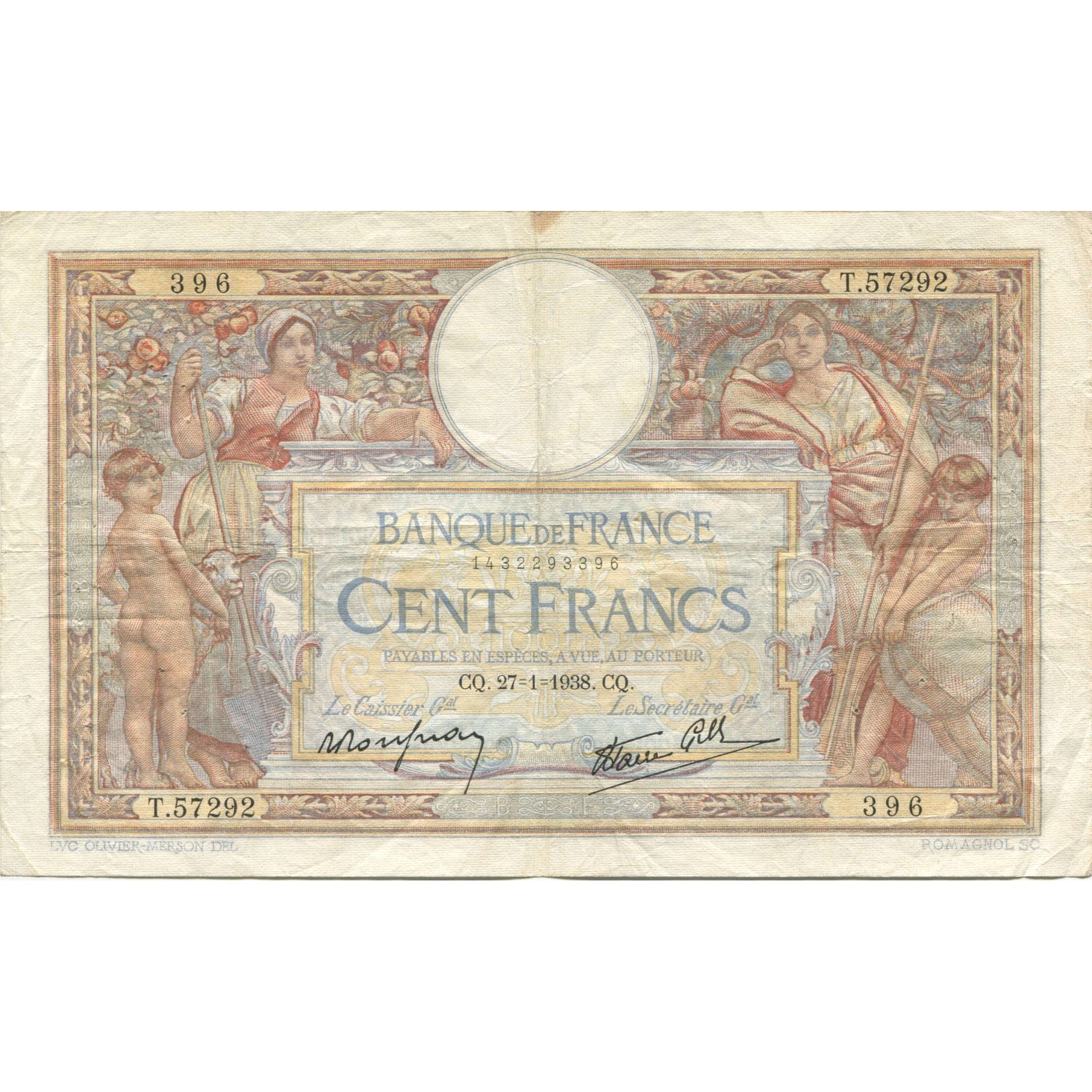 Francja, 100 Francs, Luc Olivier Merson, 1938, 1938-01-27, VF(20-25)