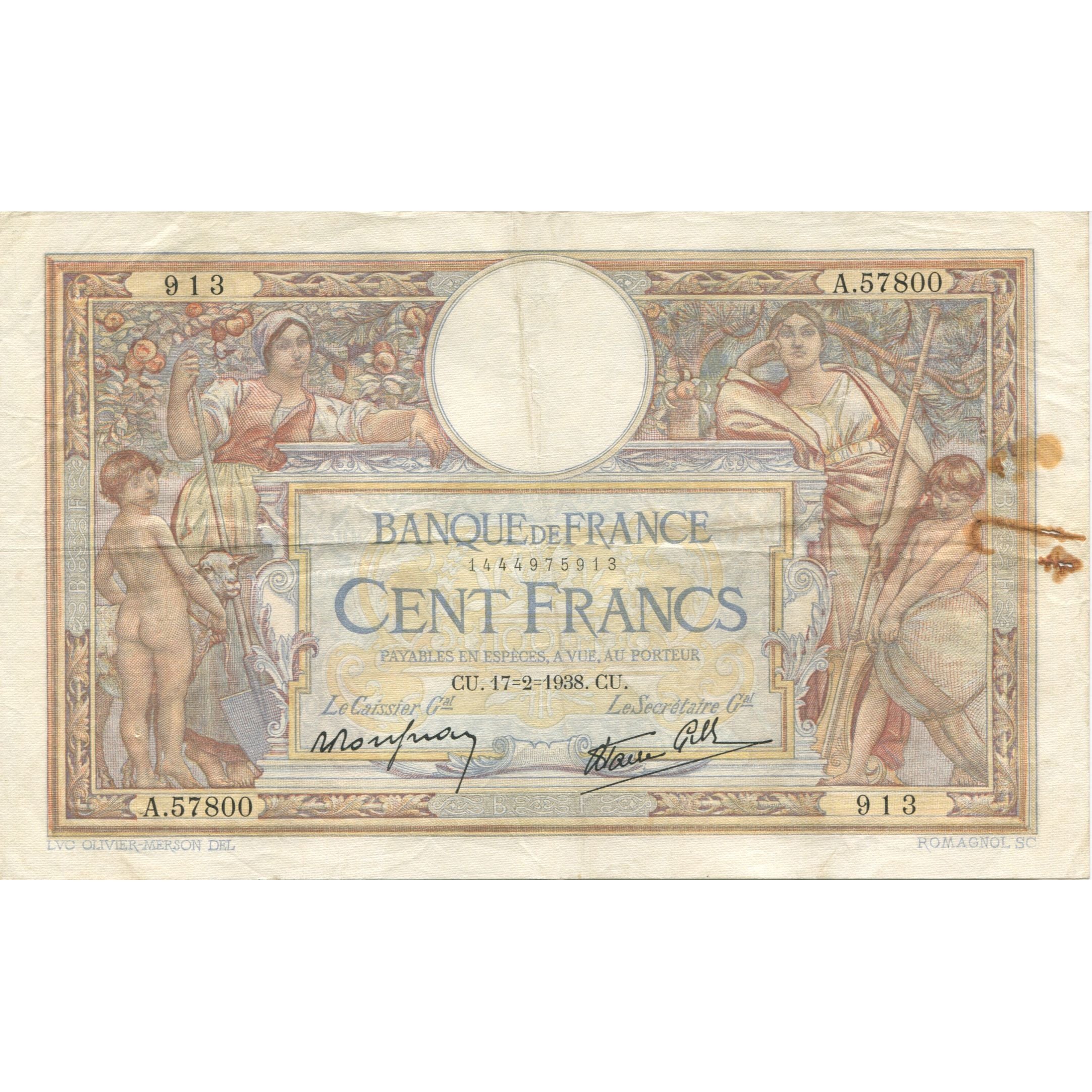 Frankrijk, 100 Francs, Luc Olivier Merson, 1938, 1938-02-17, TB, Fayette:25.11