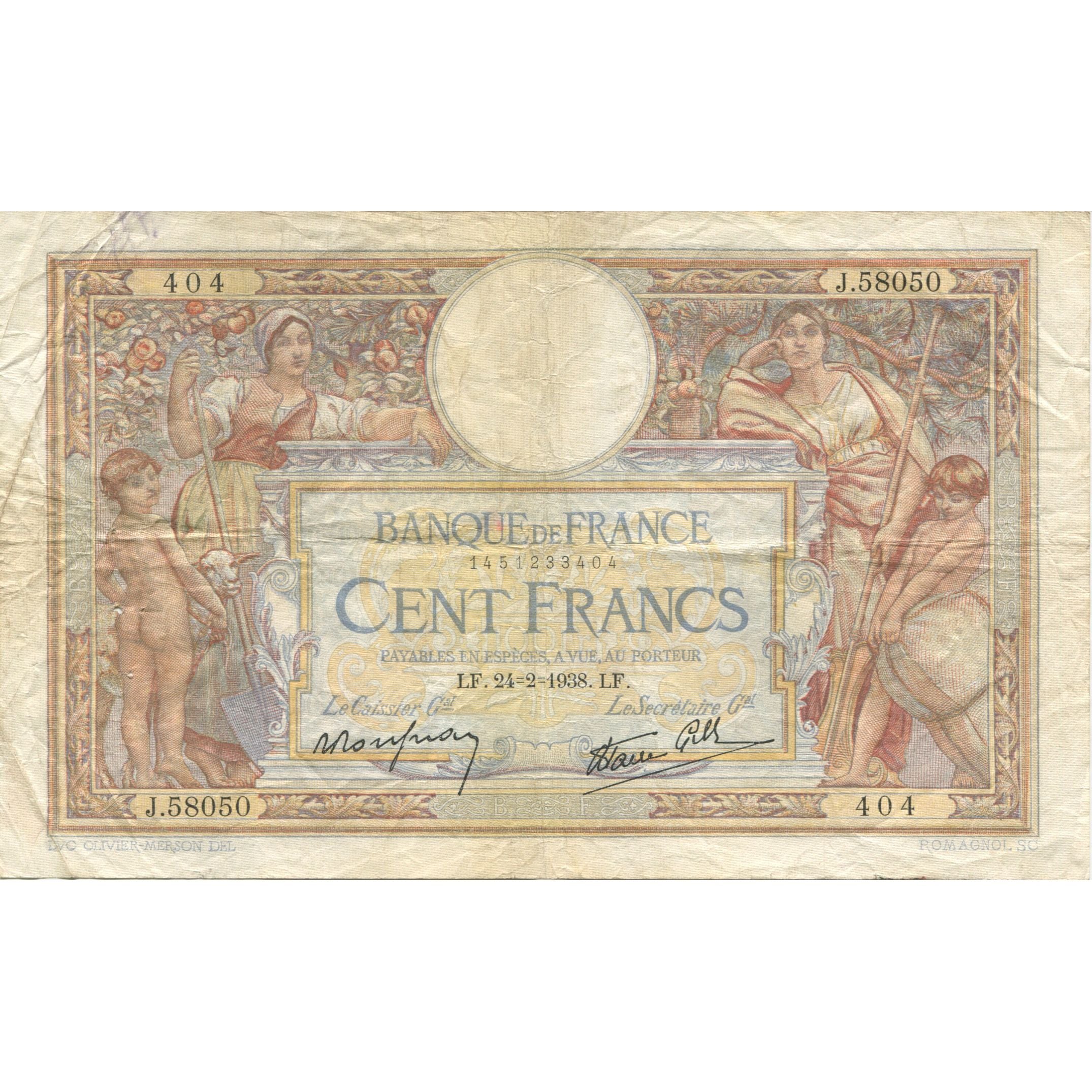 Frankrijk, 100 Francs, Luc Olivier Merson, 1938, 1938-02-24, TB, Fayette:25.12