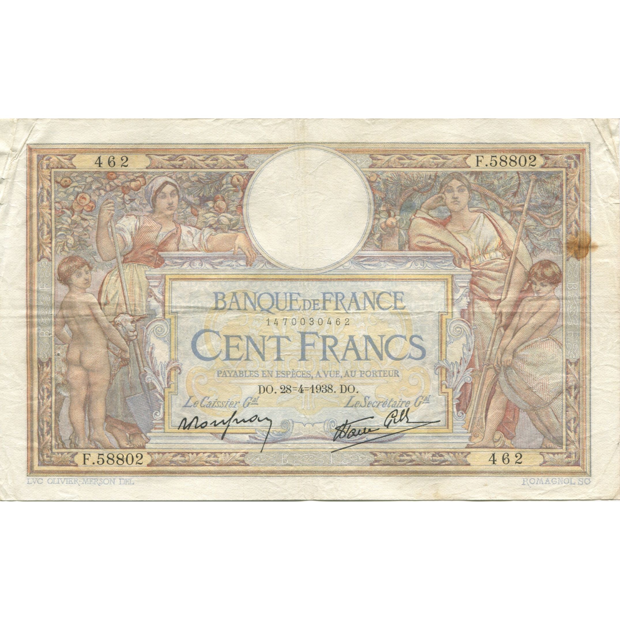France, 100 Francs, Luc Olivier Merson, 1938, 1938-04-28, VF(20-25)