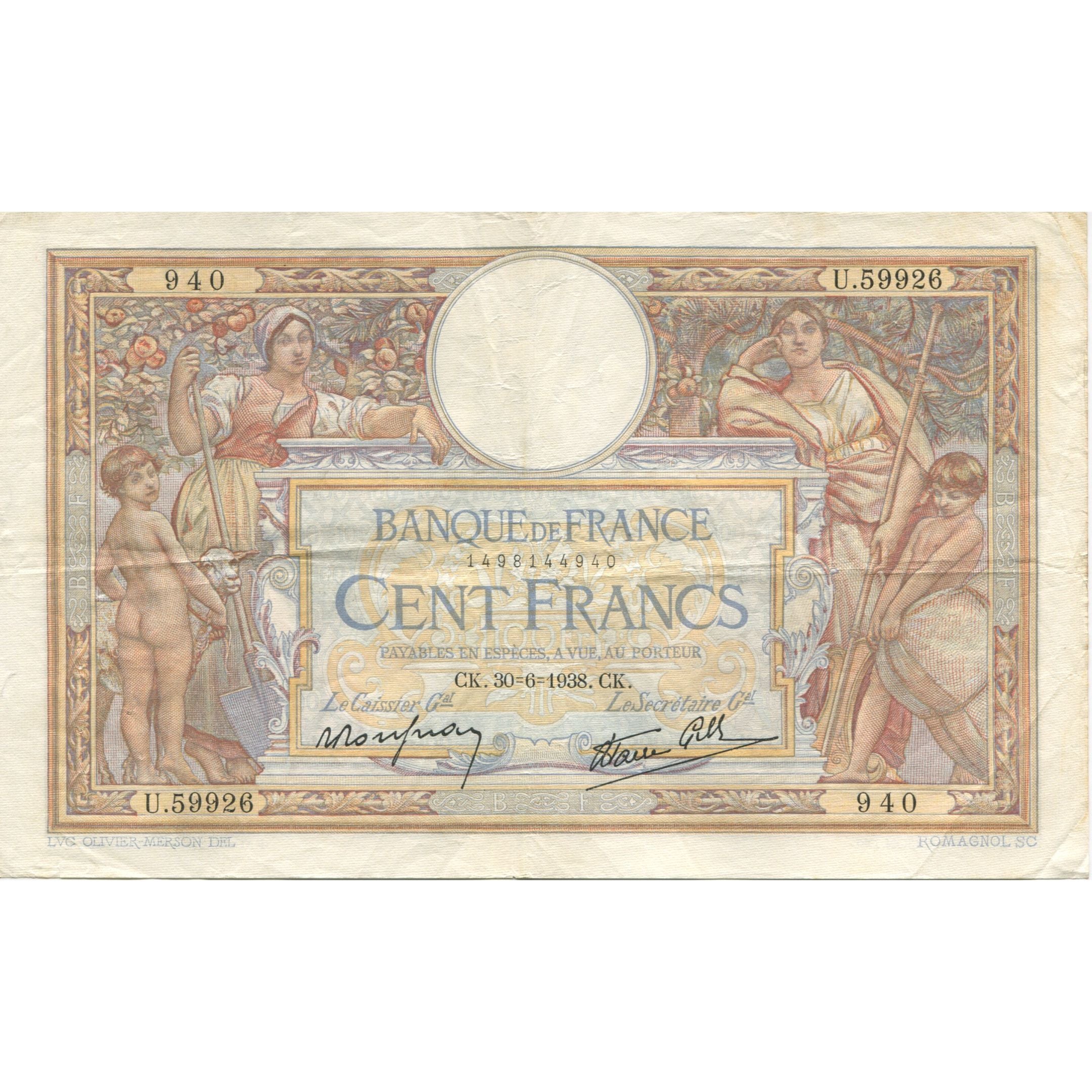 France, 100 Francs, Luc Olivier Merson, 1938, 1938-06-30, VF(20-25)