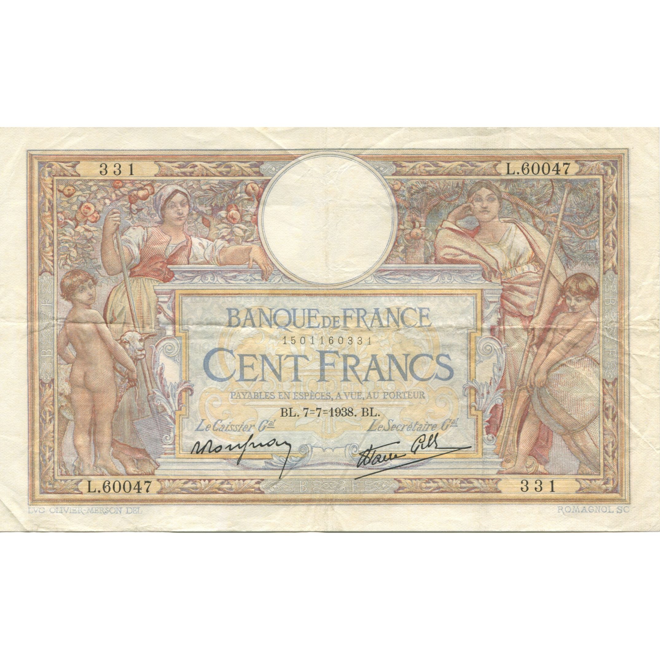France, 100 Francs, Luc Olivier Merson, 1938, 1938-07-07, VF(20-25)